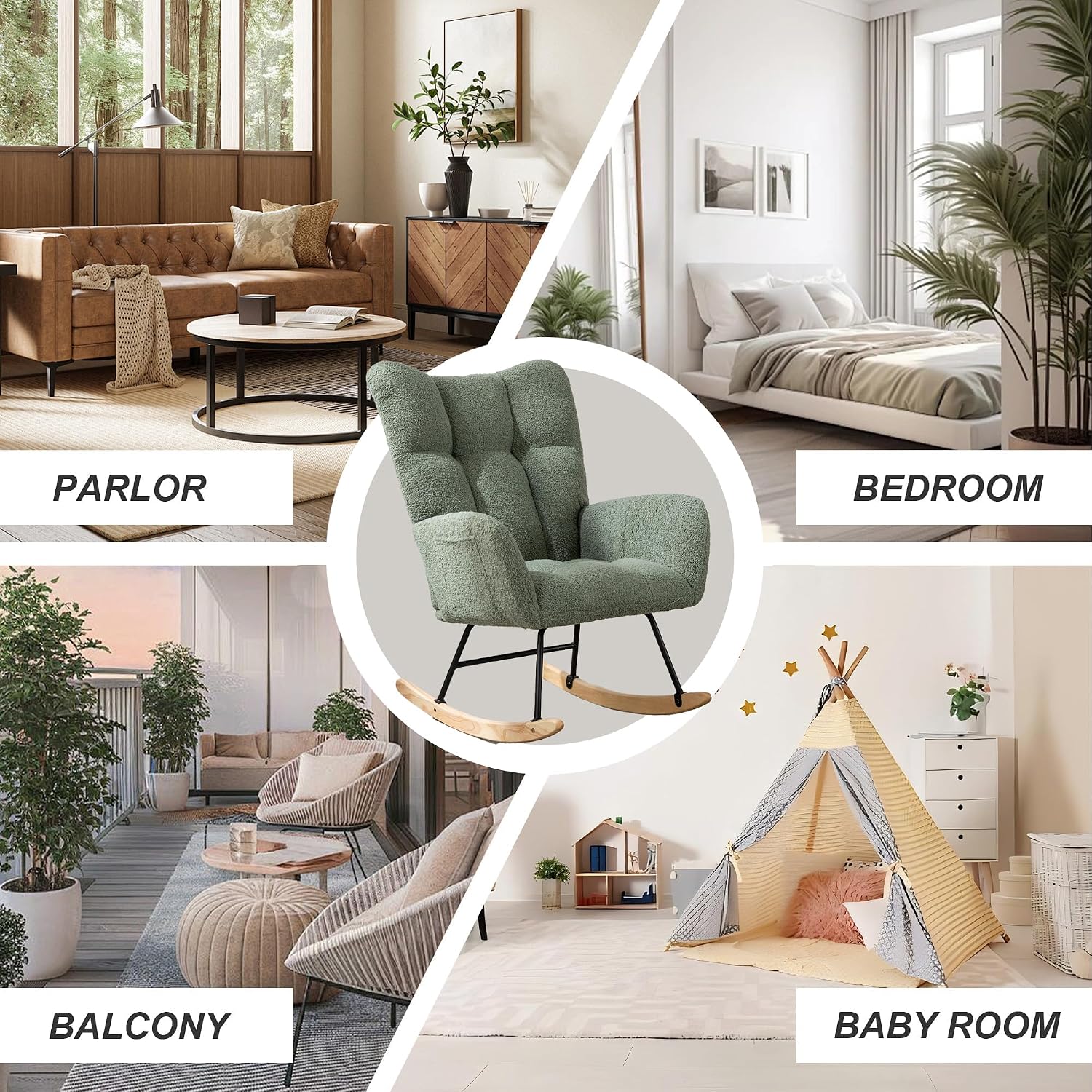 Nursery Rocking Chair Teddy Upholstered Glider Rocker Rocker Accent Chair with High Backrest Armchair Comfy Side Pocket Modern Rocking Accent Chairs for Living Room, Nursery, Office-Green
