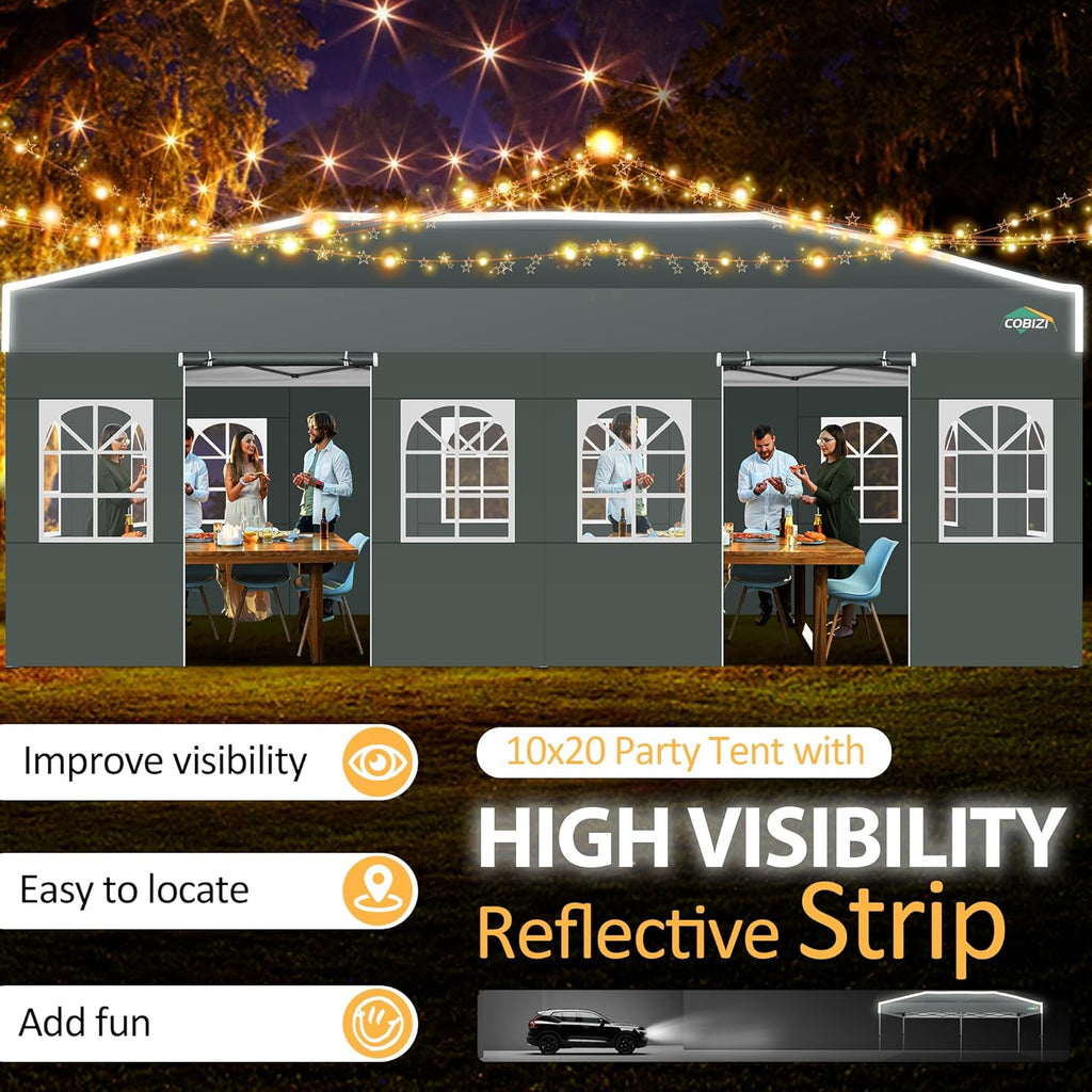 COBIZI 10x20 Pop Up Canopy with 6 Sidewalls One Push Setup Outdoor Event Shelter Waterproof UPF 50+ Gazebo Tent with Carry Bag,Air Vent,Sandbag for Commercial, Wedding, Party,Grey