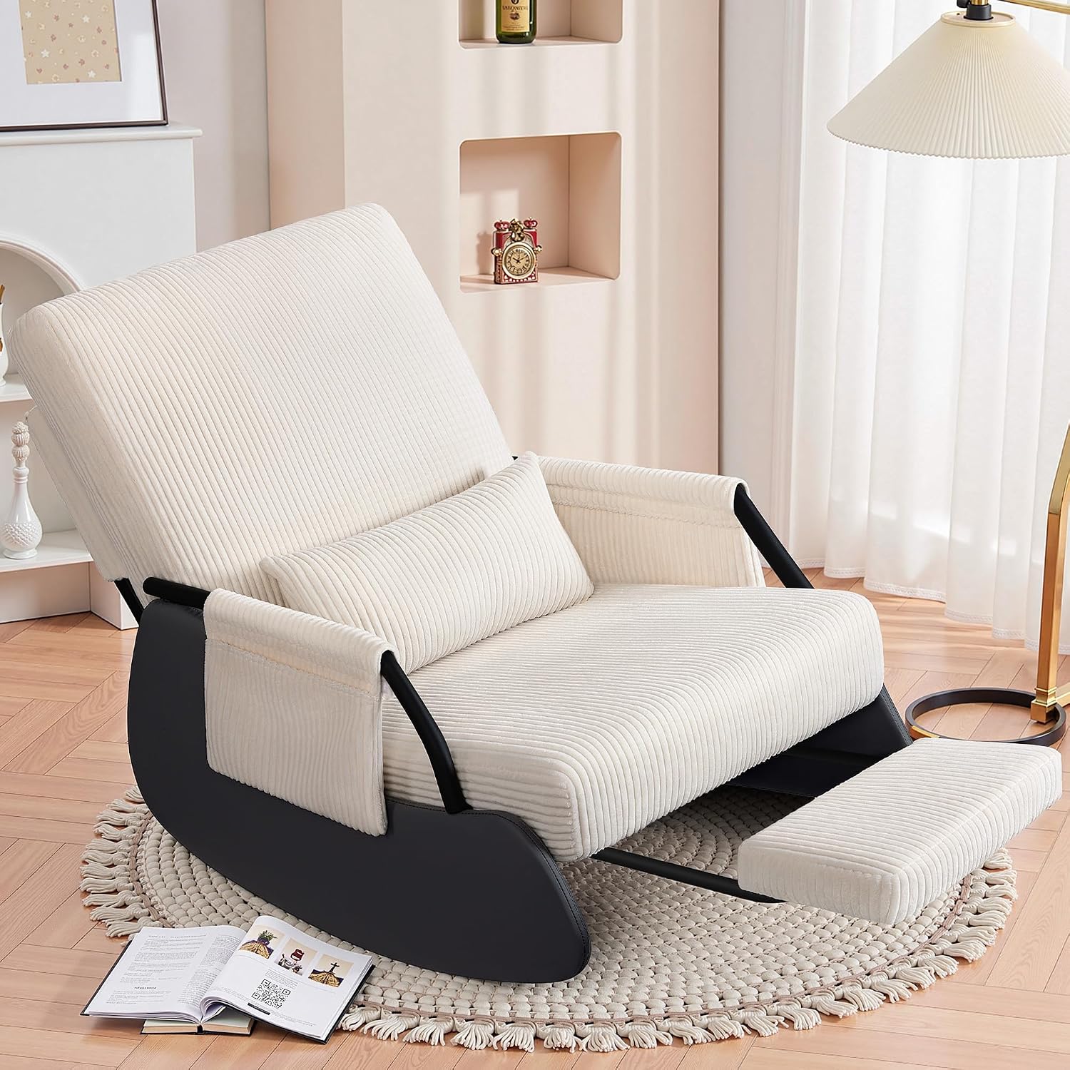 FelixKing Rocking Chair Nursery, Low-Seat Glider Chair, Upholstered Rocking Chair with Side Pocket and Foot Rest, Comfortable Modern Accent Armchair Recliner for Mom Nursery Living Room Bedroom Beige