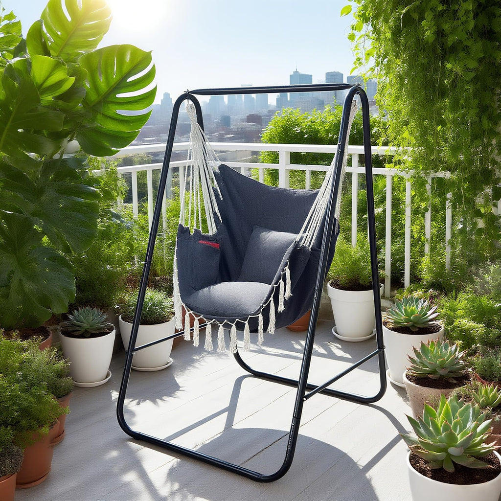 Hammock Chair with Stand,Heavy-Duty Hammock Stand with Large Indoor Swing,MAX Load 500 LBS,Hanging Chair with Stand for Indoor Outdoor,Swing Chair with 2 Cushions Included(Dark Grey)