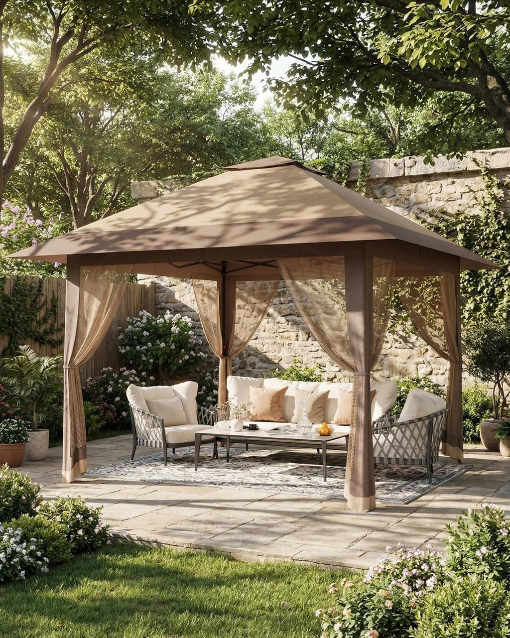 13'x13' Pop Up Gazebo, Outdoor Canopy Tent with Mosquito Netting, Pop Up Canopy with Double Roof Design & Adjustable Height, UV-Resistant Patio Gazebo Sunshade for Graden/Backyard/Lawn/Beach (Khaki)