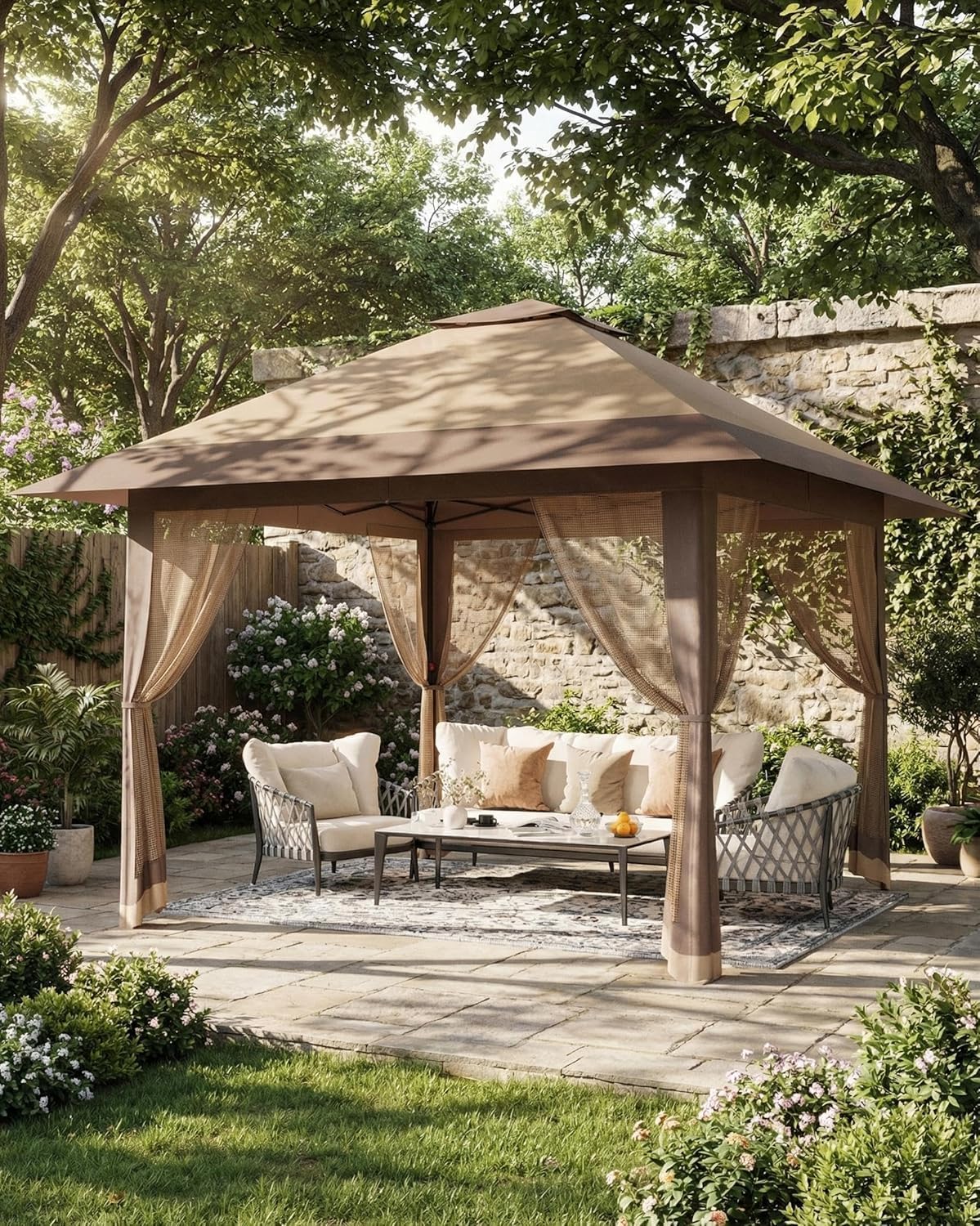 13'x13' Pop Up Gazebo, Outdoor Canopy Tent with Mosquito Netting, Pop Up Canopy with Double Roof Design & Adjustable Height, UV-Resistant Patio Gazebo Sunshade for Graden/Backyard/Lawn/Beach (Khaki)