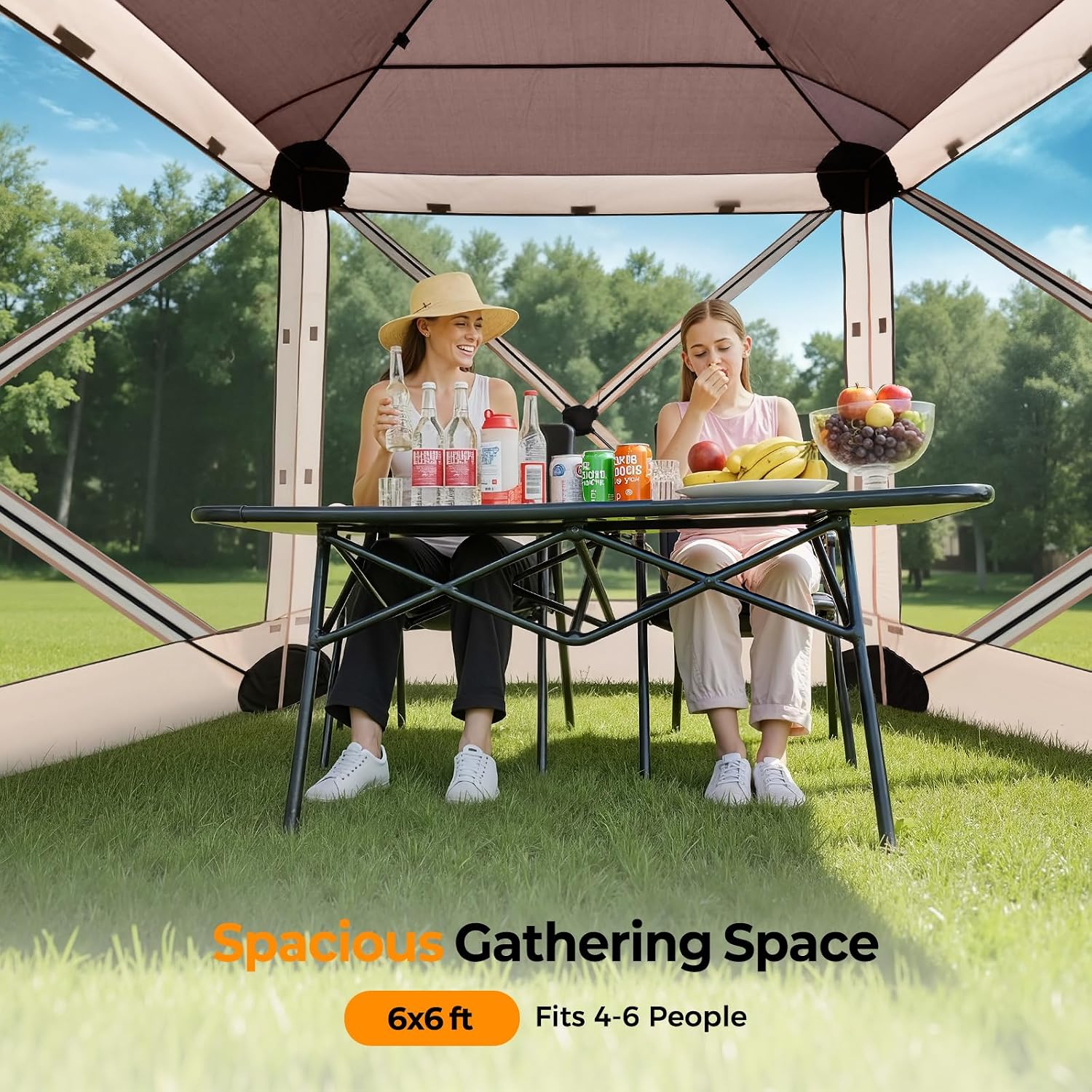 Tecoom 6x6ft Pop Up Gazebo Tent, 4-Sided Canopy Shelter Tent with Mesh Windows for Camping, Portable Large Shade Tents with Siedwalls, Carrying Bag and Stakes for Outdoor, Garden, Lawn, and Backyard