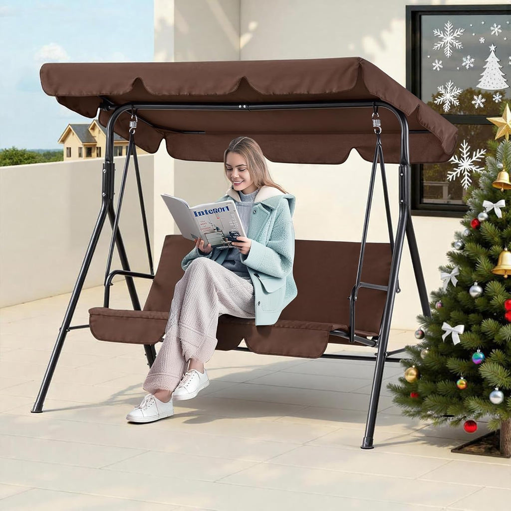 MCombo 2-3 Person Outdoor Patio Swing Chair, Convertible Canopy Hanging Swing Glider Lounge Chair, Removable Cushions, 4003 (Brown)
