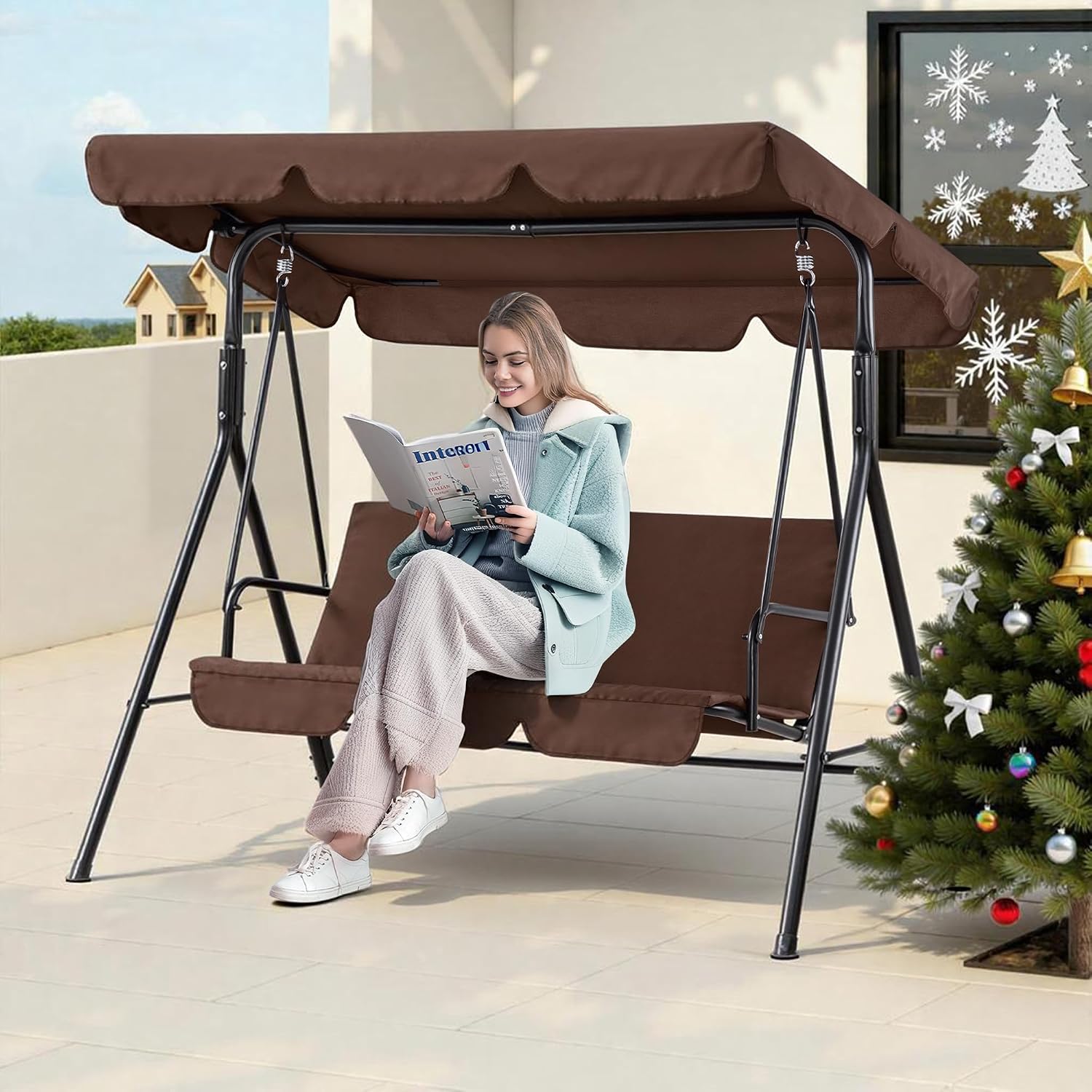 MCombo 2-3 Person Outdoor Patio Swing Chair, Convertible Canopy Hanging Swing Glider Lounge Chair, Removable Cushions, 4003 (Brown)