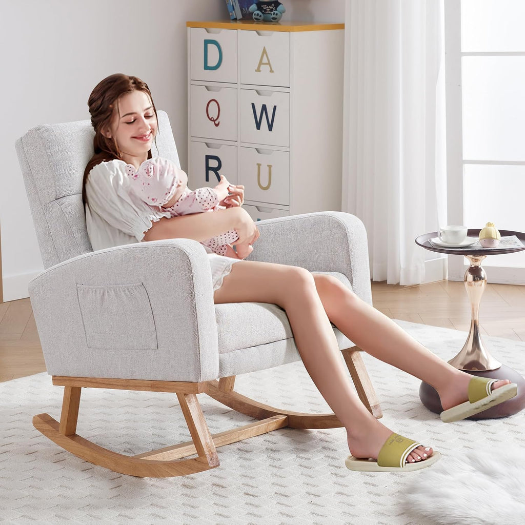 HCHAIRH Rocking Chair Nursery with Foot Rest, Nursing Rocking Chairs for Mom Breastfeeding, Rocker Glider Chair with High Backrest for Living Room, Bedroom, Light Grey