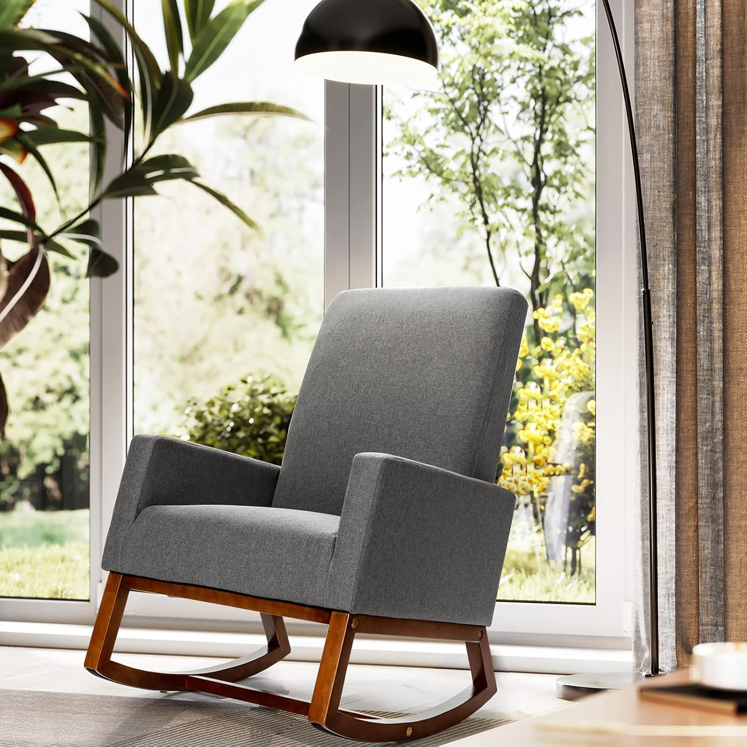 Giantex Upholstered Rocking Chair, Modern Fabric Armchair w/Wood Base, Side Pocket, Linen Padded Seat, High Back Accent Glider Rocker Chair, Mid-Century Leisure Chair for Nursery, Living Room (Gray)
