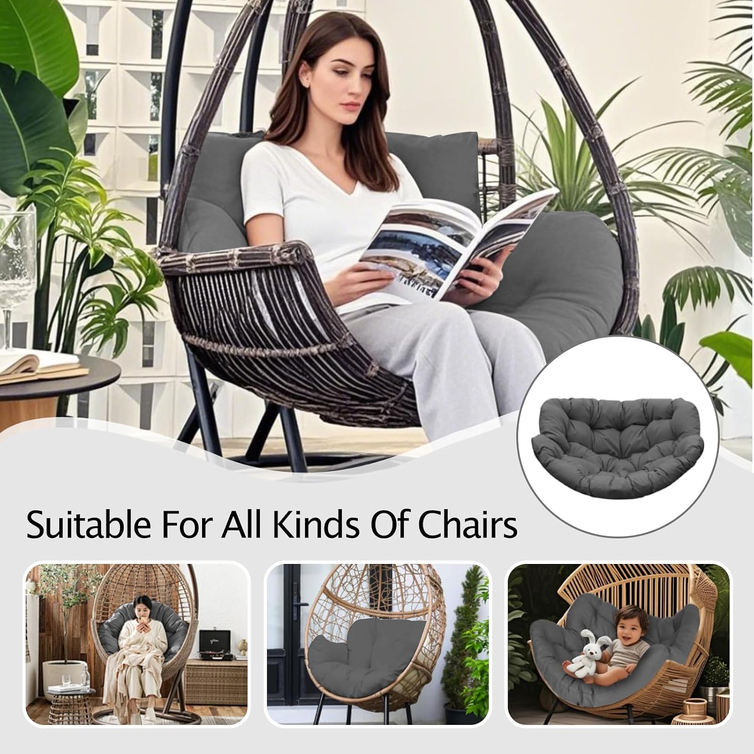 Thickened Waterproof Papasan Rocking Chair Cushion – 6.3'' Patio Egg Chair Pad with Ties, Outdoor/Indoor Rattan Hammock Chair Cushion for Porch, Garden, Balcony (Only Cushion) (Dark Grey)