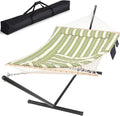 SUNCREAT Cotton Rope Hammock for Two People with Carrying Bag, Quilted Fabric Pad & Detachable Pillow, Extra Large Hammock with 12 FT Steel Stand, Ipad Bag & Cup Holder, Green&Beige