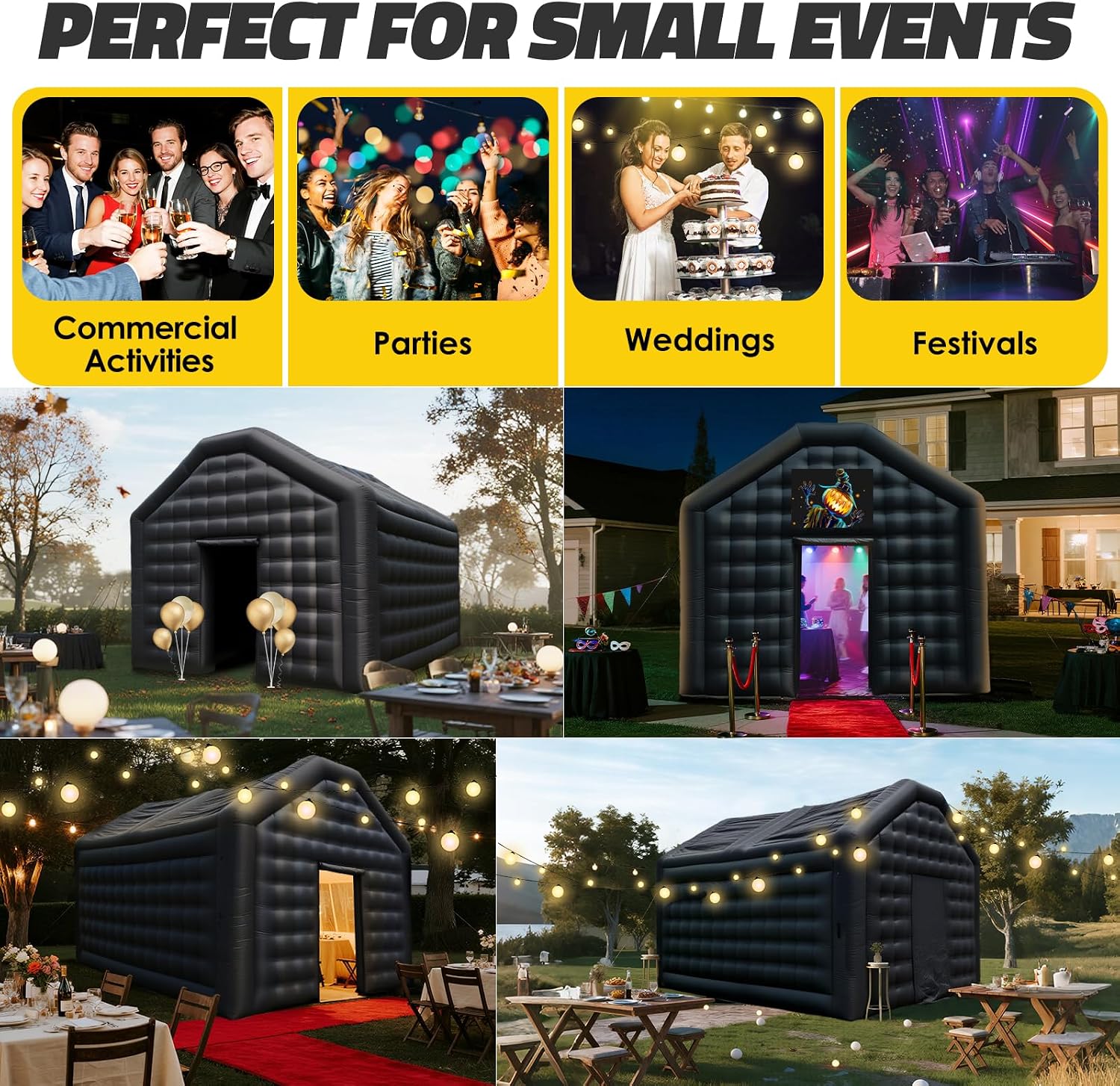 Small Inflatable Nightclub Tent 16.5x13x11.5Ft with Blower, Oxford Fabric Black Party Tent, Gazebo Event House for Backyard, Birthday, Rental Use