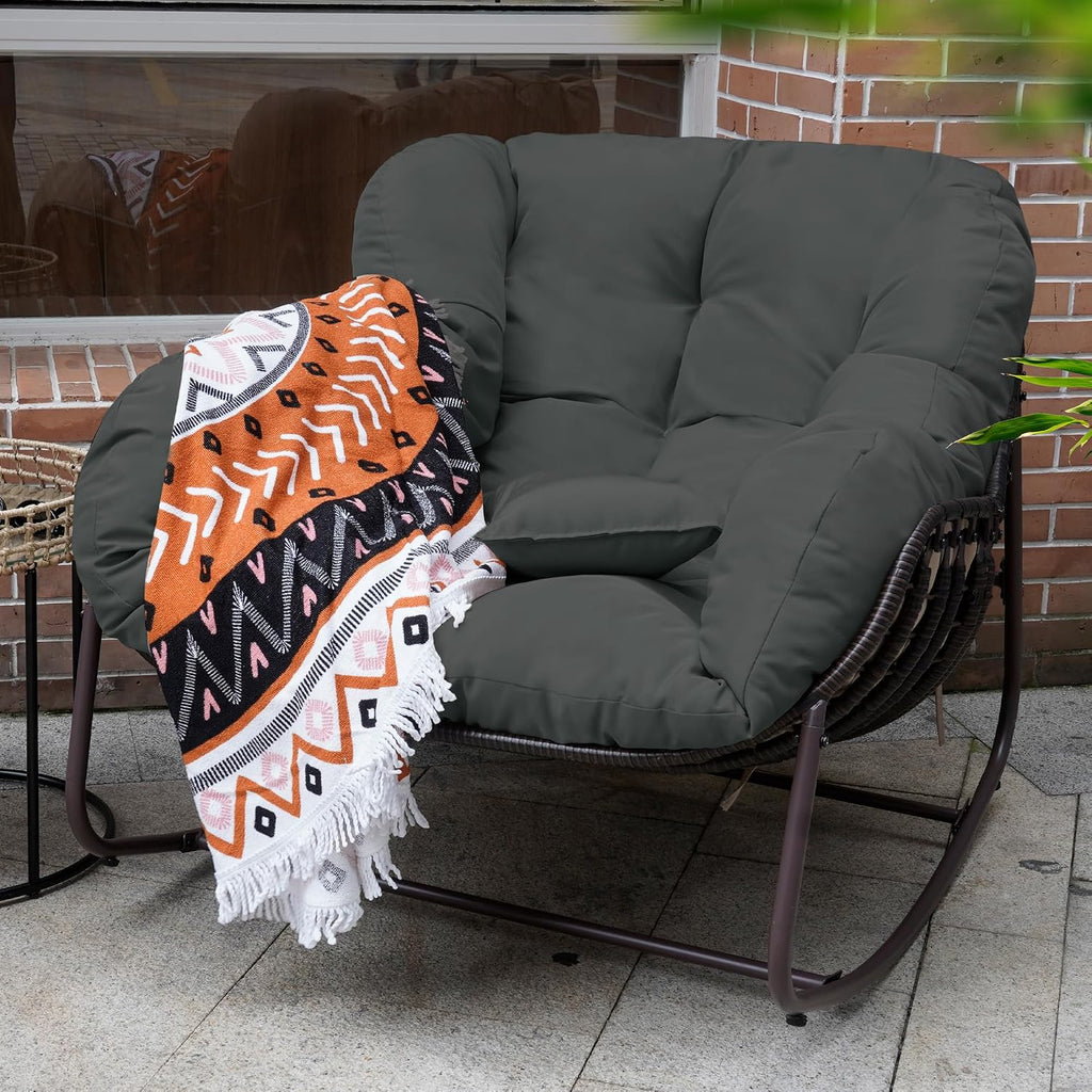 Outdoor Papasan Rocking Chair, Oversized Patio Rocking Chairs with Padded Cushion& Pillow-Comfortable Rocker Egg Chair for Front Porch, Garden, Patio, Backyard,1PC,Grey
