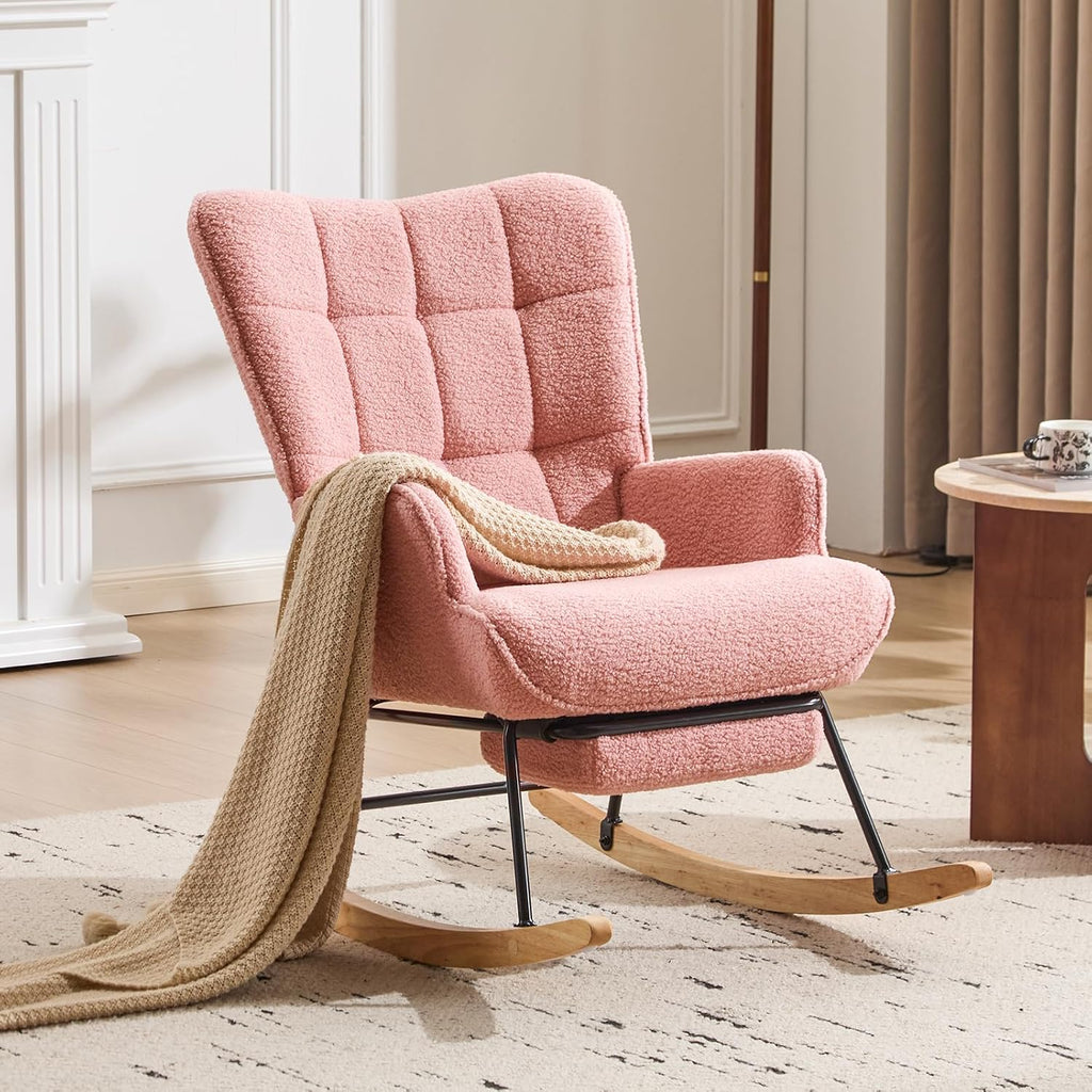 Furniliving Nursery Rocking Chair Modern Armchair Upholstered Glider Rocking Chair Accent Chair with Retractable Footrest Reading Chair with High Backrest Solid Wood Base for Bedroom, Pink, Teddy