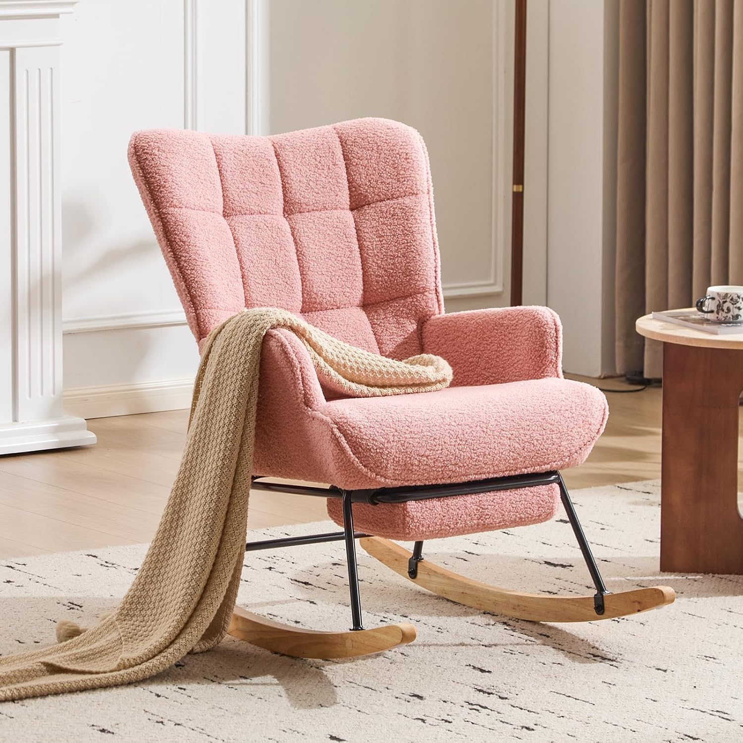 Furniliving Nursery Rocking Chair Modern Armchair Upholstered Glider Rocking Chair Accent Chair with Retractable Footrest Reading Chair with High Backrest Solid Wood Base for Bedroom, Pink, Teddy