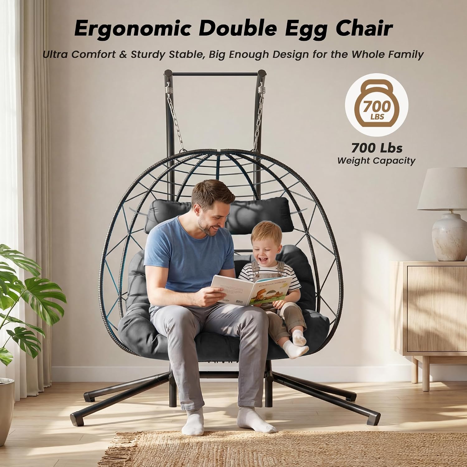 Easyego 2-Person Wicker Hanging Egg Chair with Stand- 700 lb Capacity, Indoor/Outdoor Double Egg Swing Hammock Chair for Patio, Garden, Porch, Living Room, Bedroom-Dark Grey
