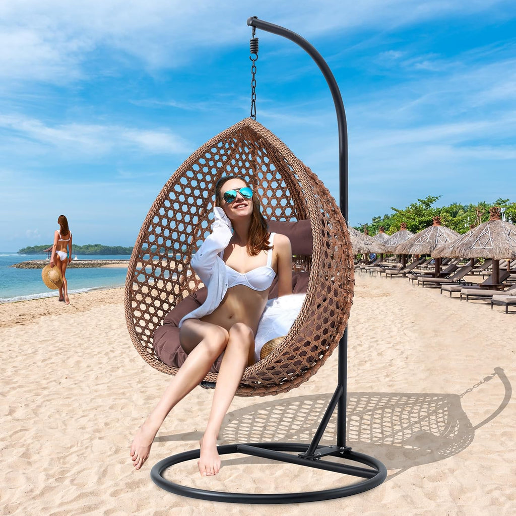 JUFU Egg Swing Chair with Stand, Hanging Egg Chair with Cushions and Pillow, Heavy Duty Lounge Basket, Indoor Outdoor Patio Porch Lounge Relaxing for Patio Balcony Backyard, Bedrooms
