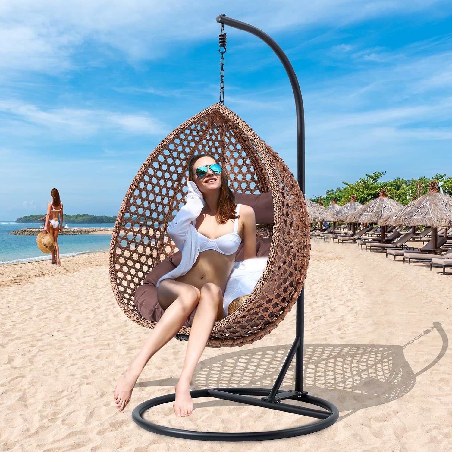 JUFU Egg Swing Chair with Stand, Hanging Egg Chair with Cushions and Pillow, Heavy Duty Lounge Basket, Indoor Outdoor Patio Porch Lounge Relaxing for Patio Balcony Backyard, Bedrooms