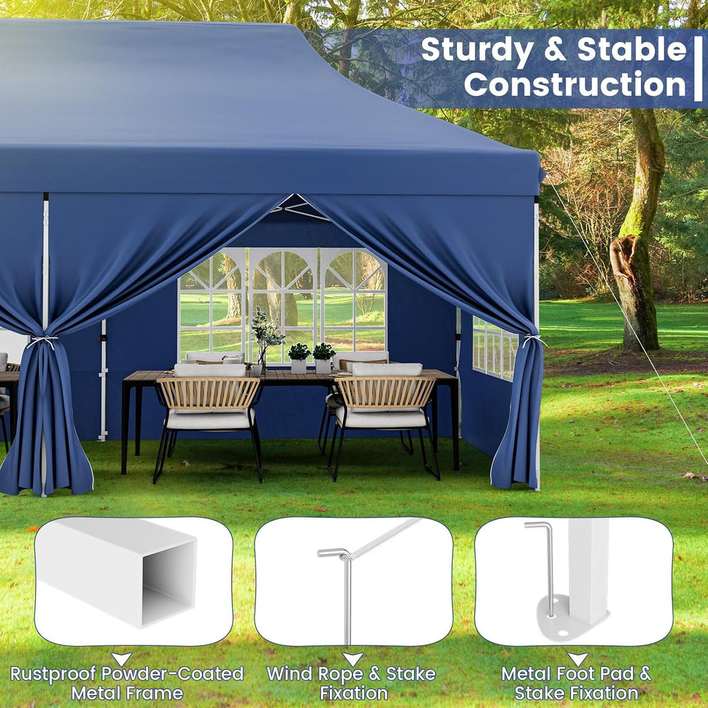HAPPYGRILL 10x20FT Pop-up Canopy with Detachable Sidewalls, Instant Canopy Tent with Carrying Bag, UPF50+ Sun Protection, Easy Setup Gazebo for Outdoor Party Wedding, Blue