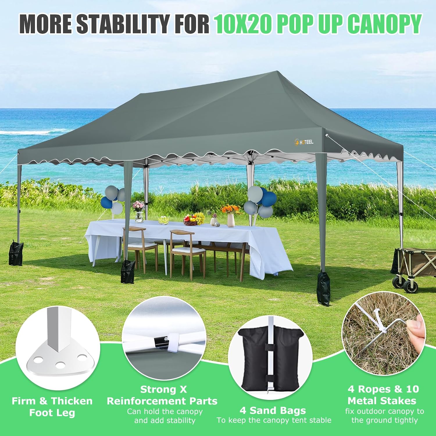 HOTEEL 10x20 Pop up Canopy Tent Without Sidewall Easy Up Commercial Outdoor Wedding Party Tents for Parties All Season Wind & Waterproof Gazebo Roller Bag, Gray