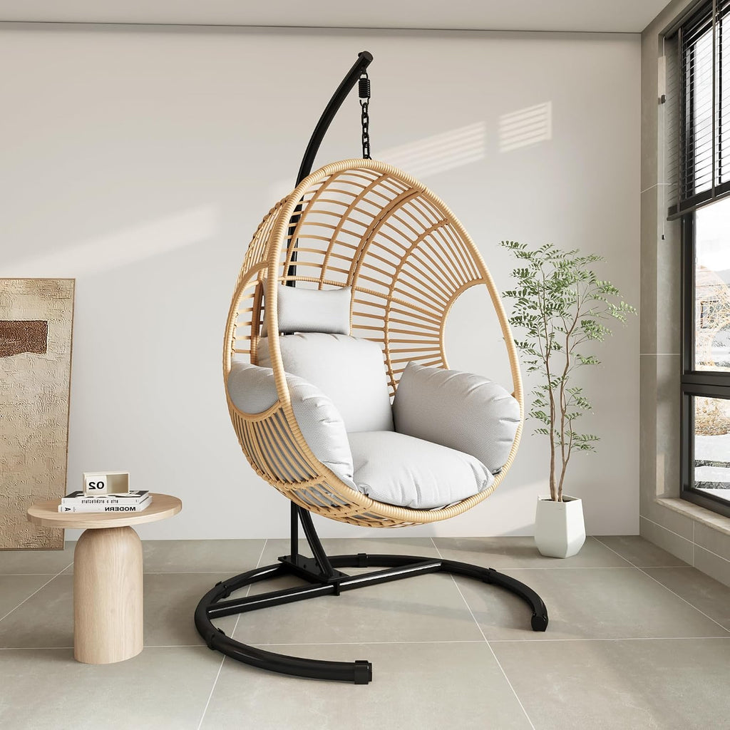 Hanging Egg Chair with Stand - Egg Swing Chair Outdoor Indoor Patio Wicker Chair Swing Hammock Egg Chairs 400lbs Capacity for Outside Patio, Bedroom, Garden, Balcony（Beige-Regular, 1PC