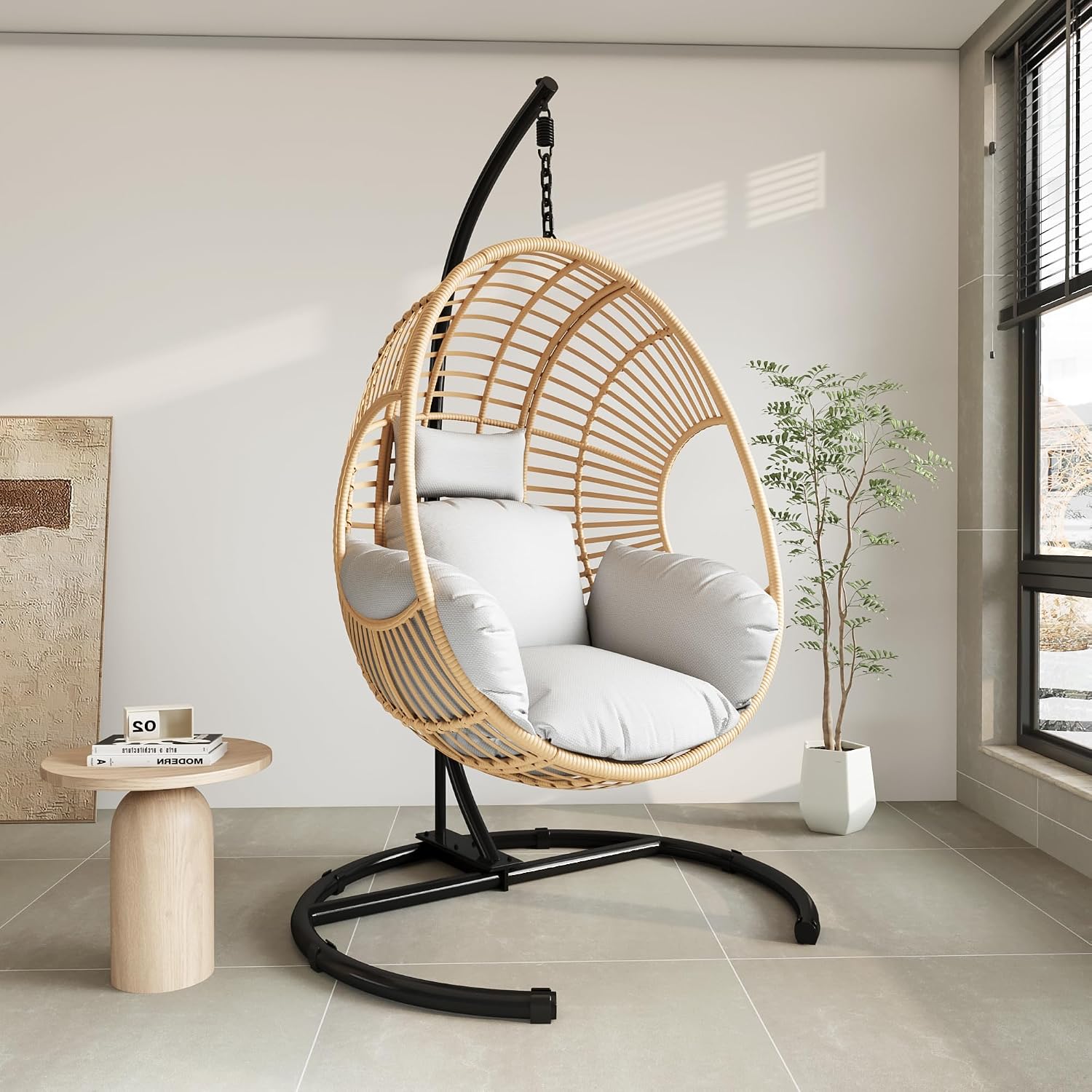 Hanging Egg Chair with Stand - Egg Swing Chair Outdoor Indoor Patio Wicker Chair Swing Hammock Egg Chairs 400lbs Capacity for Outside Patio, Bedroom, Garden, Balcony（Beige-Regular, 1PC