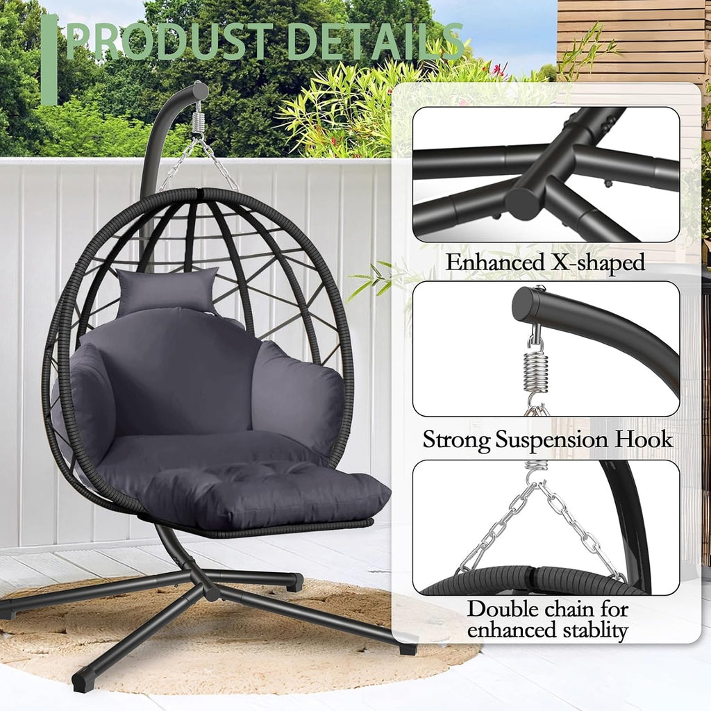 Hanging Egg Chair with Stand and Leg Rest Outdoor Indoor Swing Rattan Wicker with UV Resistant Cushions Gift for Kid Mom Girlfriend use for Bedroom Patio Balcony Nest Chair