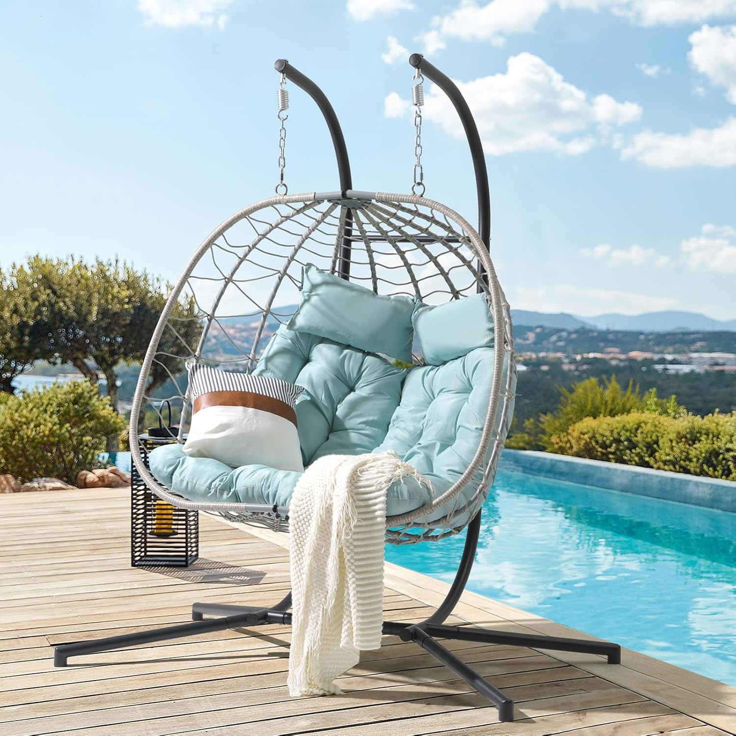Patiorama 2 Person Double Egg Swing Chair with Stand Indoor Outdoor, Patio Wicker Rattan Hanging Egg Chair w/Cushion, Pillow, Foldable Hammock Chair 550lbs for Bedroom, Balcony, Garden (Light Blue)