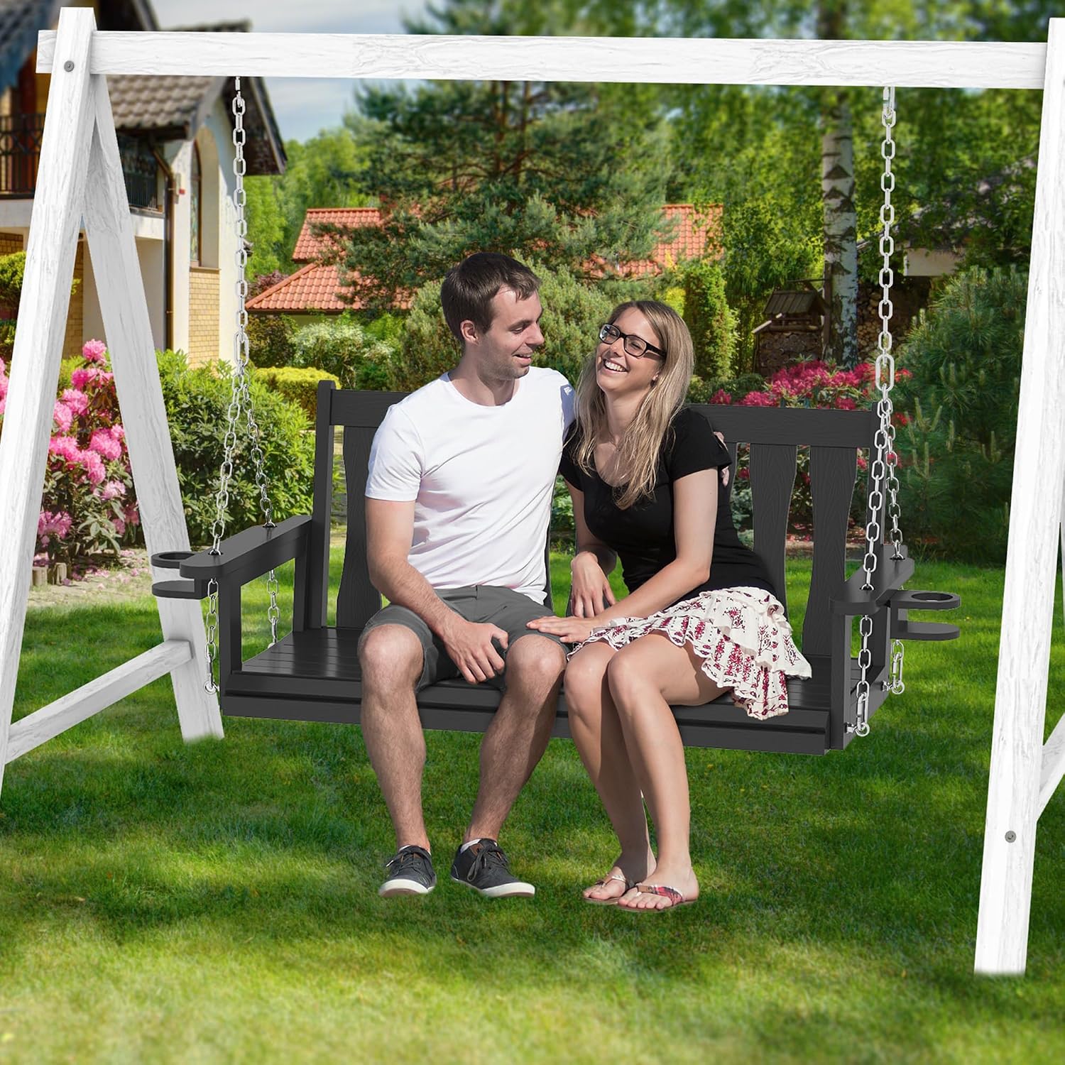 HIPS All-Weather Outdoor Hanging Porch Swing,2 Seat Hanging Swing Bench with Cup Holders,Patio Swing Chair with Hanging Chains for Courtyard & Garden