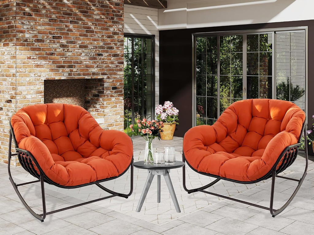 Papasan Rocking Chair, Oversized Papasan Chair with Cushion and Frame for Indoor& Outdoor, Deep Seat Egg-Shaped Rocker Chair for Garden, Deck, Living Room, Red