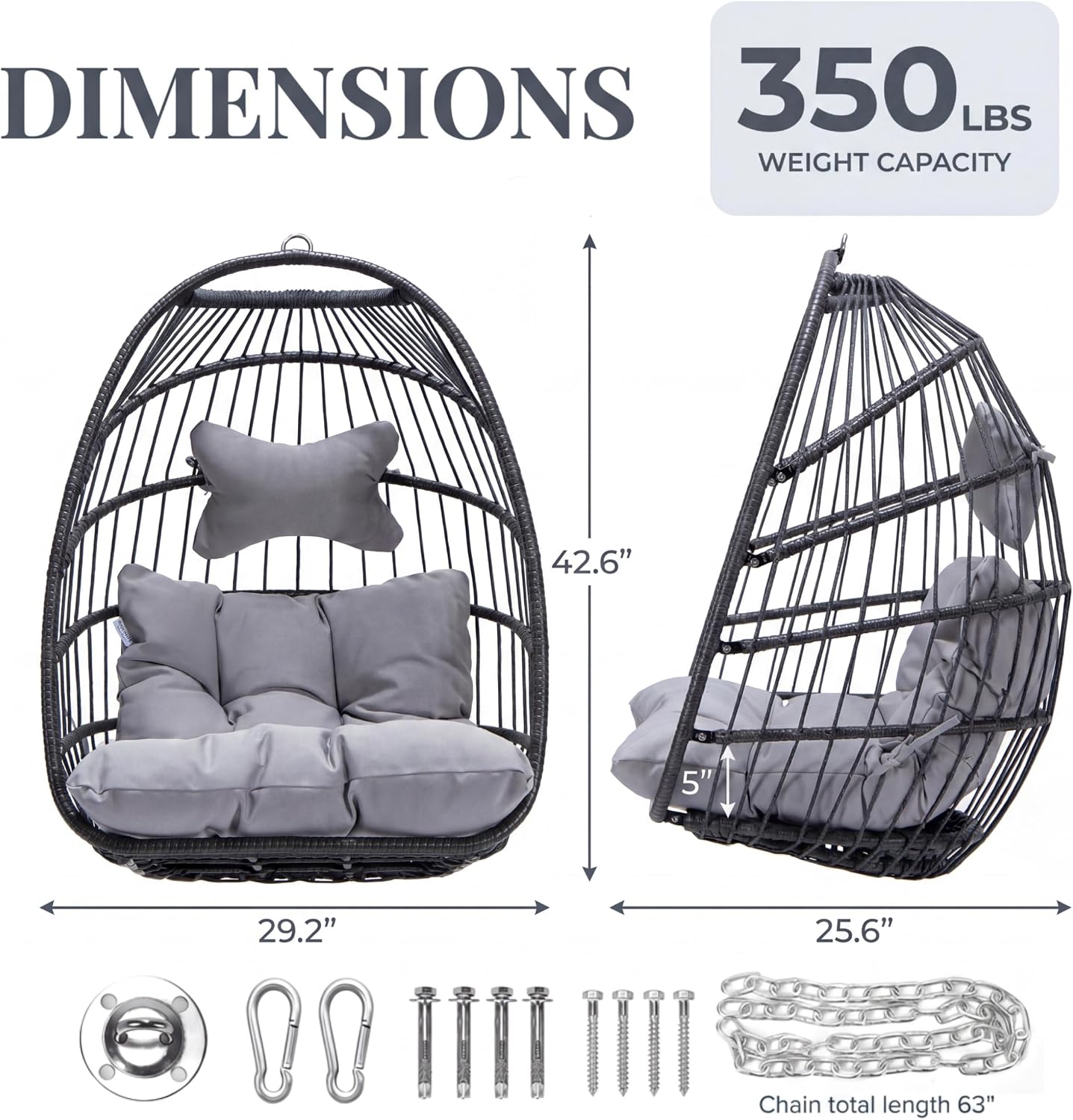 BULEXYARD Outdoor Swing Egg Chair No Stand, Folding Wicker Rattan Ceiling Hanging Patio Chairs, 350 Lbs Sturdy Hammock Basket Seat with Cozy Cushion for Backyard Pergola Living Room, Light Grey