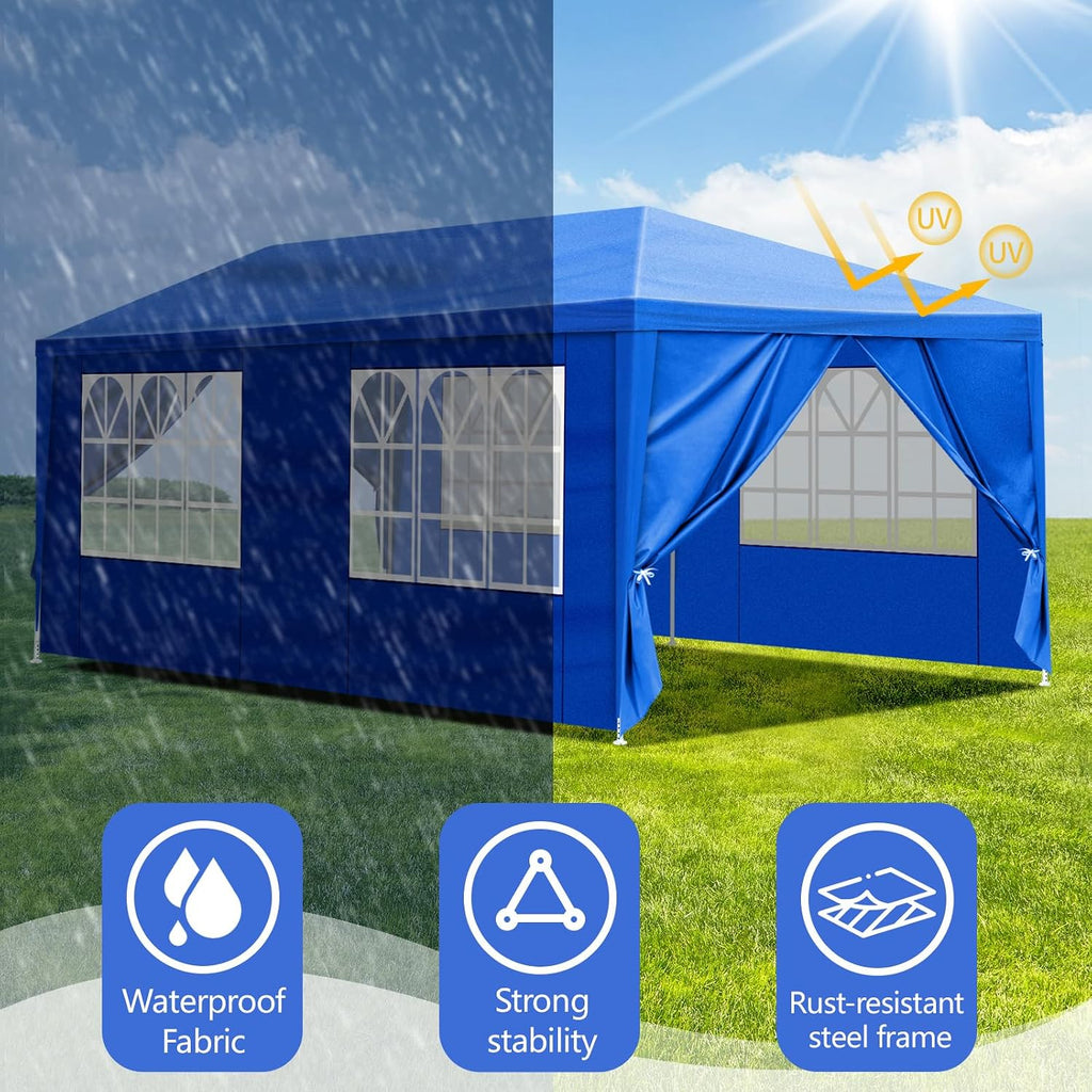 Party Tent for Outdoor Wedding, Birthday, Event, Patio Gazebo, Carport Canopy Shade With Removable Sidewalls & Transparent Window (10'x20'/6 Sidewalls Blue)