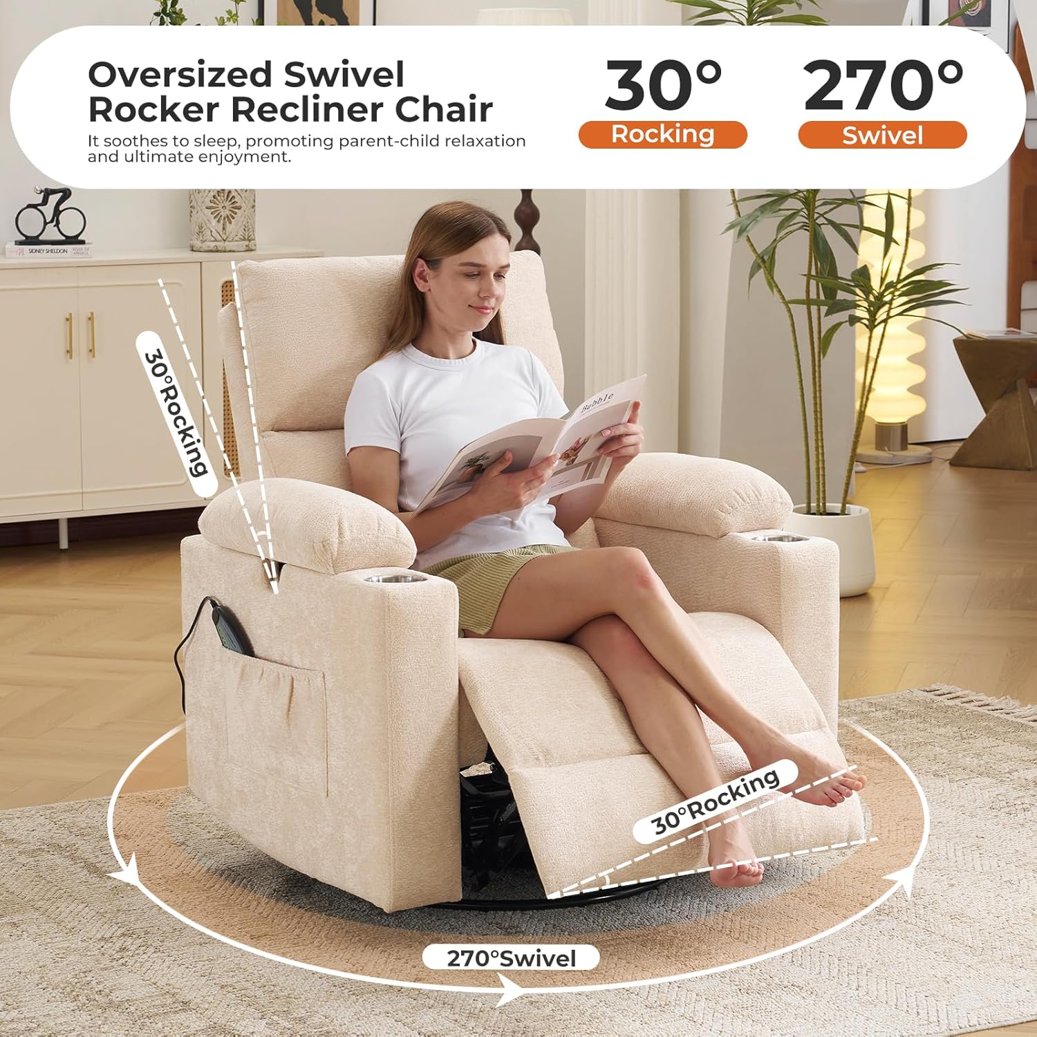 Rocking Chair Nursery with Adjustable Armrests, Electric Glider Recliner Nursing Chair for Breastfeeding, Power Swivel Recliner Chairs with Massage and Heat, Adjustable Headrest , FSC Certified, Beige