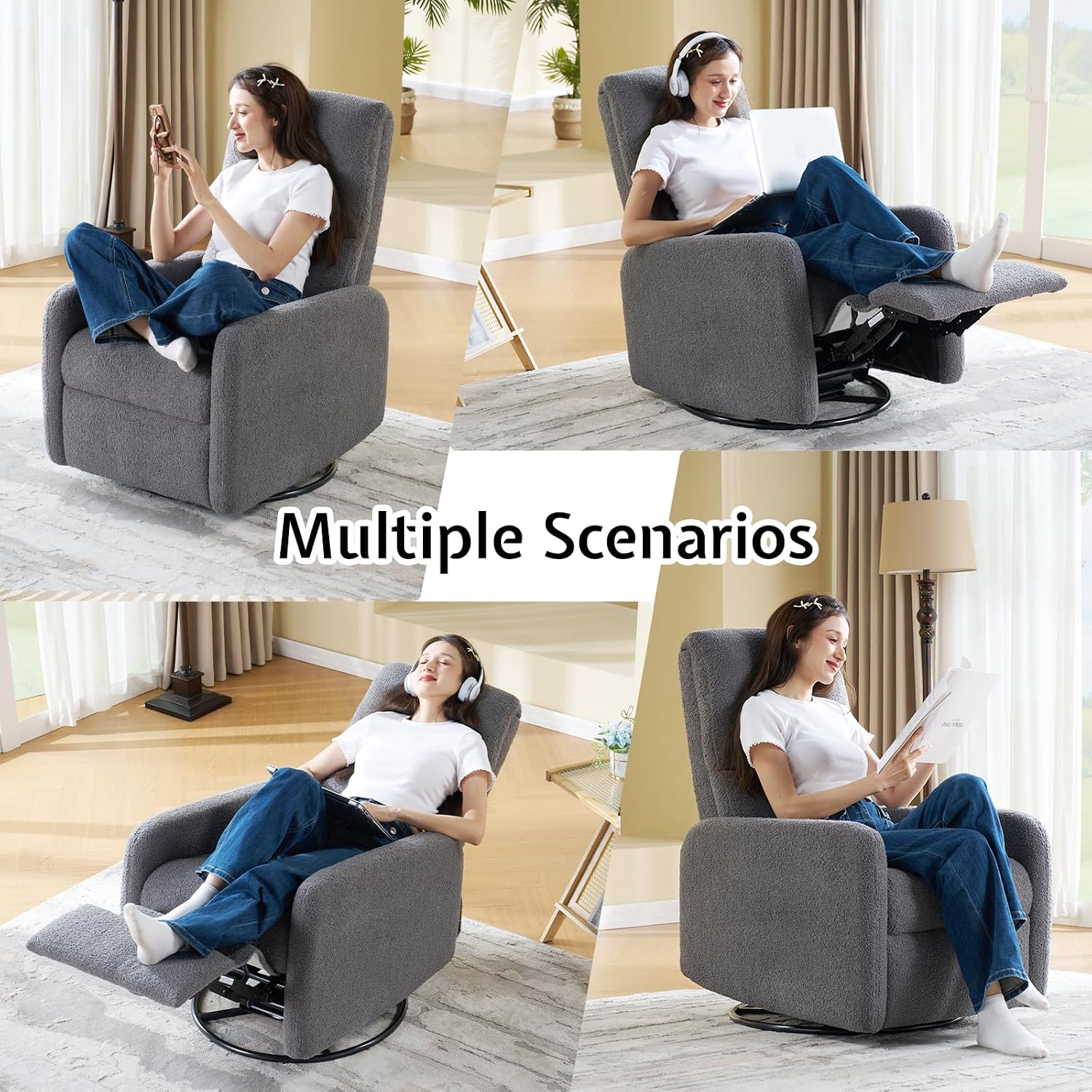 Jocisland Swivel Rocker Recliner Chair for Adults, Nursery Rocking Reclining with High Back, Small Glider for Small Spaces/Living Room/Bedroom/Nursing, Gray Teddy (No Side Pockets)