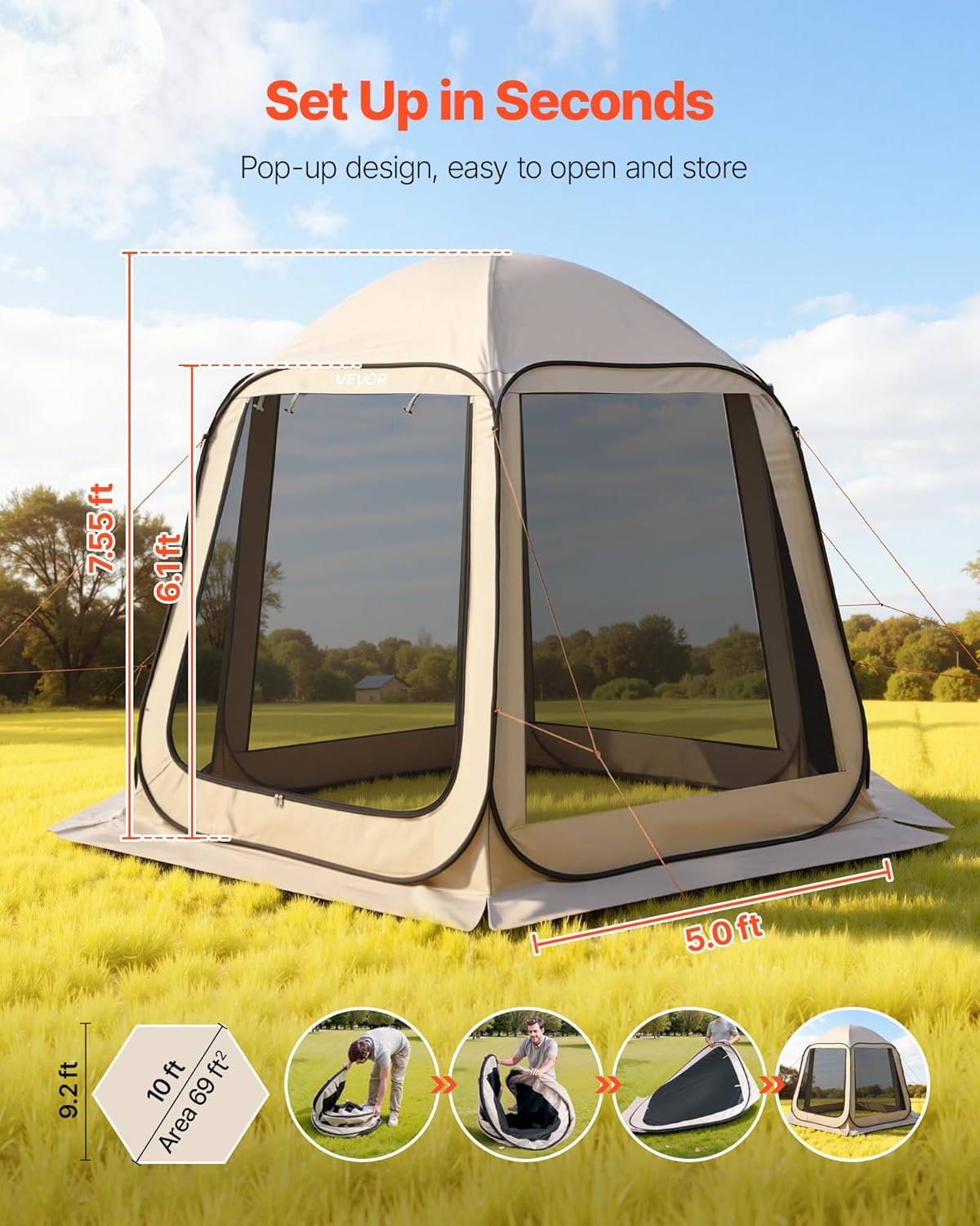 VEVOR Pop up Screen House Tent, 10 x 9.2 ft, 4-8 Person Screen Gazebo, Portable Screened in Canopy with Carry Bag, Netting Sides, Ground Stakes, for Garden, Patio, Backyard, Outdoor Activities, Beige