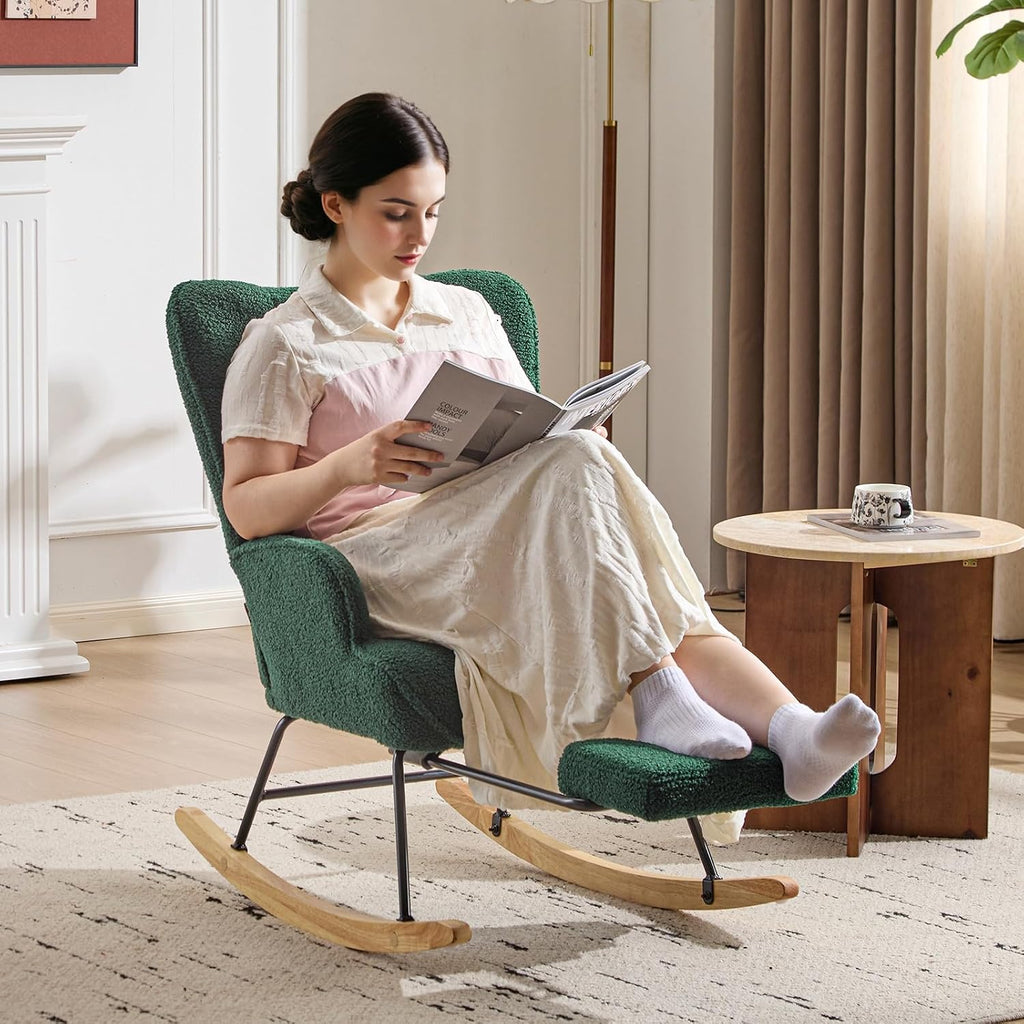 Furniliving Nursery Rocking Chair Upholstered Glider Rocking Chair Modern Accent Chair with Retractable Footrest Reading Chair with High Backrest Comfy Chair for Living Room, Green, Teddy