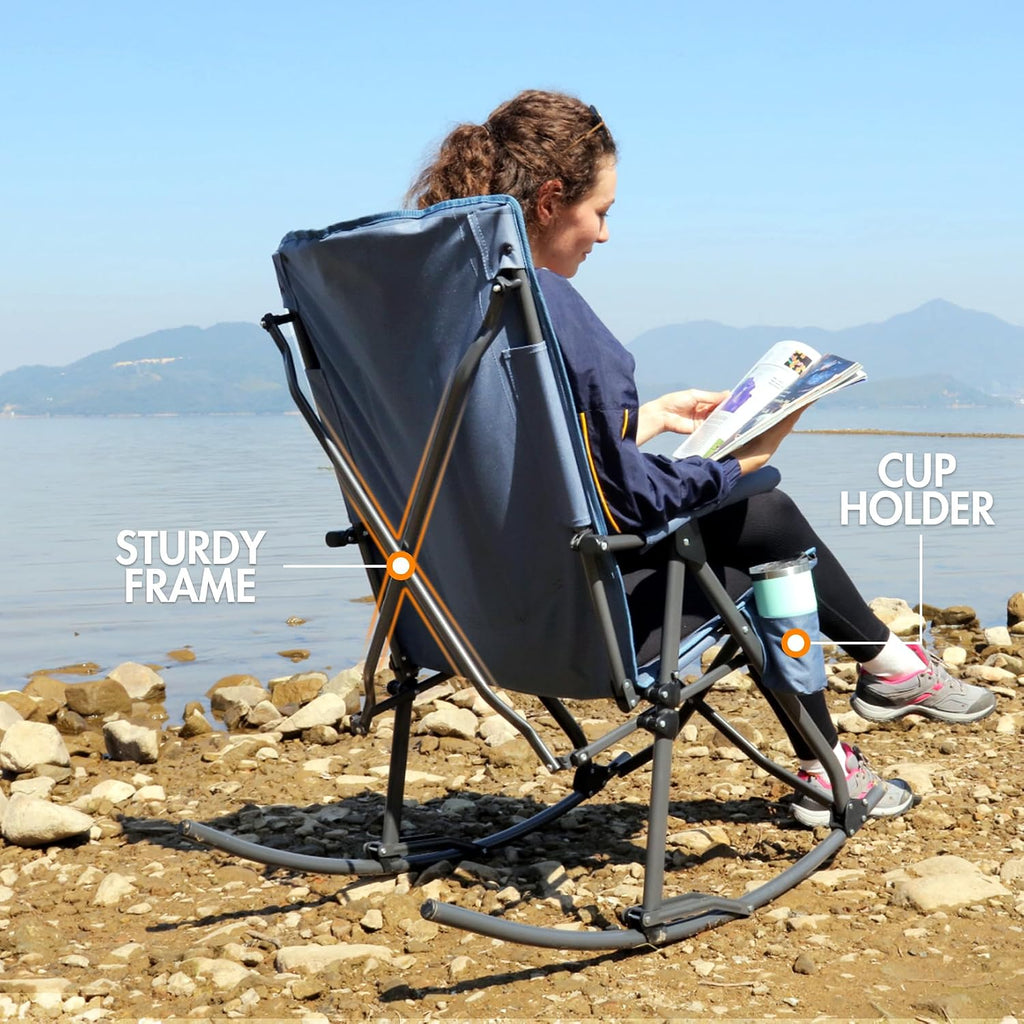PORTAL Oversized Folding Rocking Camping Chair Portable Outdoor Rocker with High Back Hard Armrests Carry Bag, Supports 400 lbs