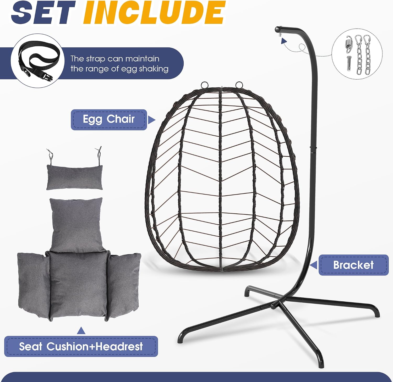 LEX CRAFT Egg Chair with Stand, Patio Wicker Hanging Chair, Hammock Swing Chair, 350LBS Capacity for Bedroom, Balcony, Garden(BR-GR)