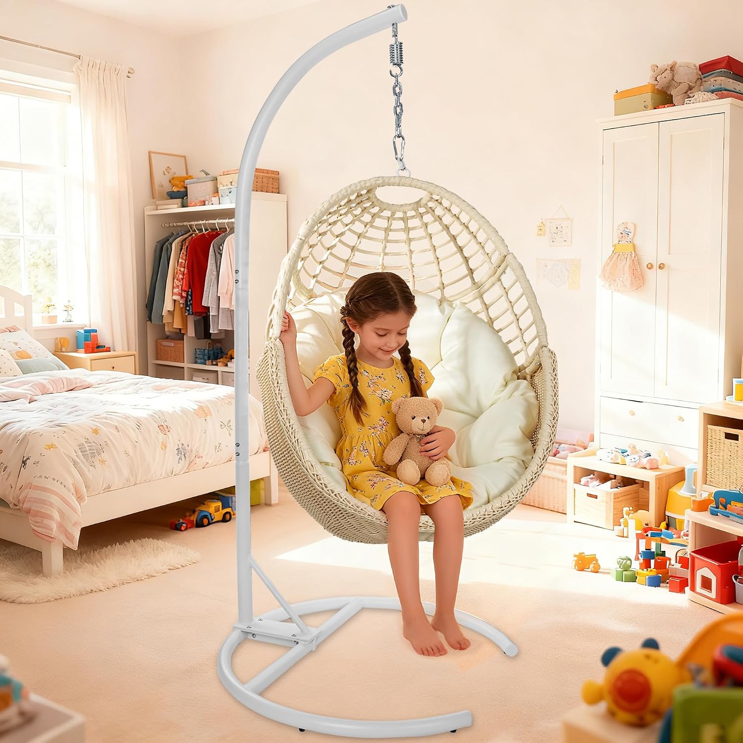 TWT Egg Swing Chair with Stand Hanging Egg Chair Outdoor - Rattan Wicker Patio Hanging Basket Chair Hammock Chair with Metal Frame and UV Resistant Cushion for Indoor Bedroom Balcony (Beige)