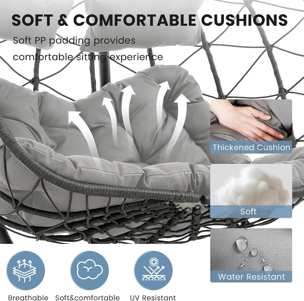 Hanging Double Egg Chair with Stand, 2 Person Comfy Patio Rattan Wicker Swing Hammock Chairs with Cushion, 700 LBS Capacity Egg Swing Chair for Indoor, Outdoor, Backyard, Balcony, Bedroom, Porch