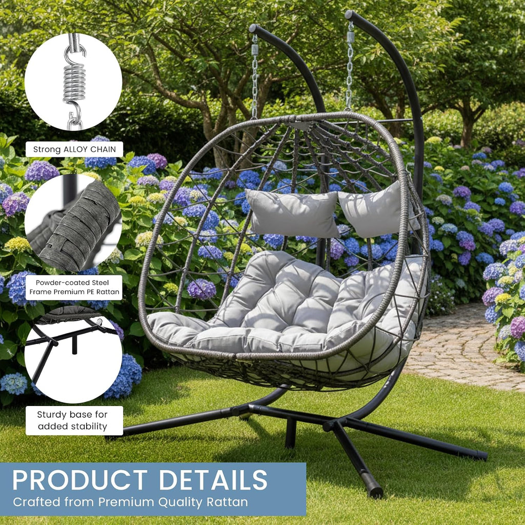 Hanging Double Egg Chair with Stand, 2 Person Comfy Patio Rattan Wicker Swing Hammock Chairs with Cushion, 700 LBS Capacity Egg Swing Chair for Indoor, Outdoor, Backyard, Balcony, Bedroom, Porch