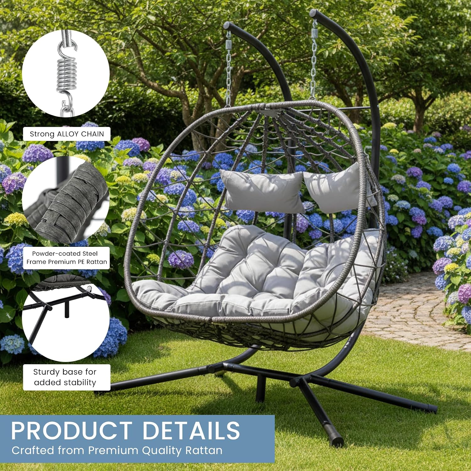 Hanging Double Egg Chair with Stand, 2 Person Comfy Patio Rattan Wicker Swing Hammock Chairs with Cushion, 700 LBS Capacity Egg Swing Chair for Indoor, Outdoor, Backyard, Balcony, Bedroom, Porch