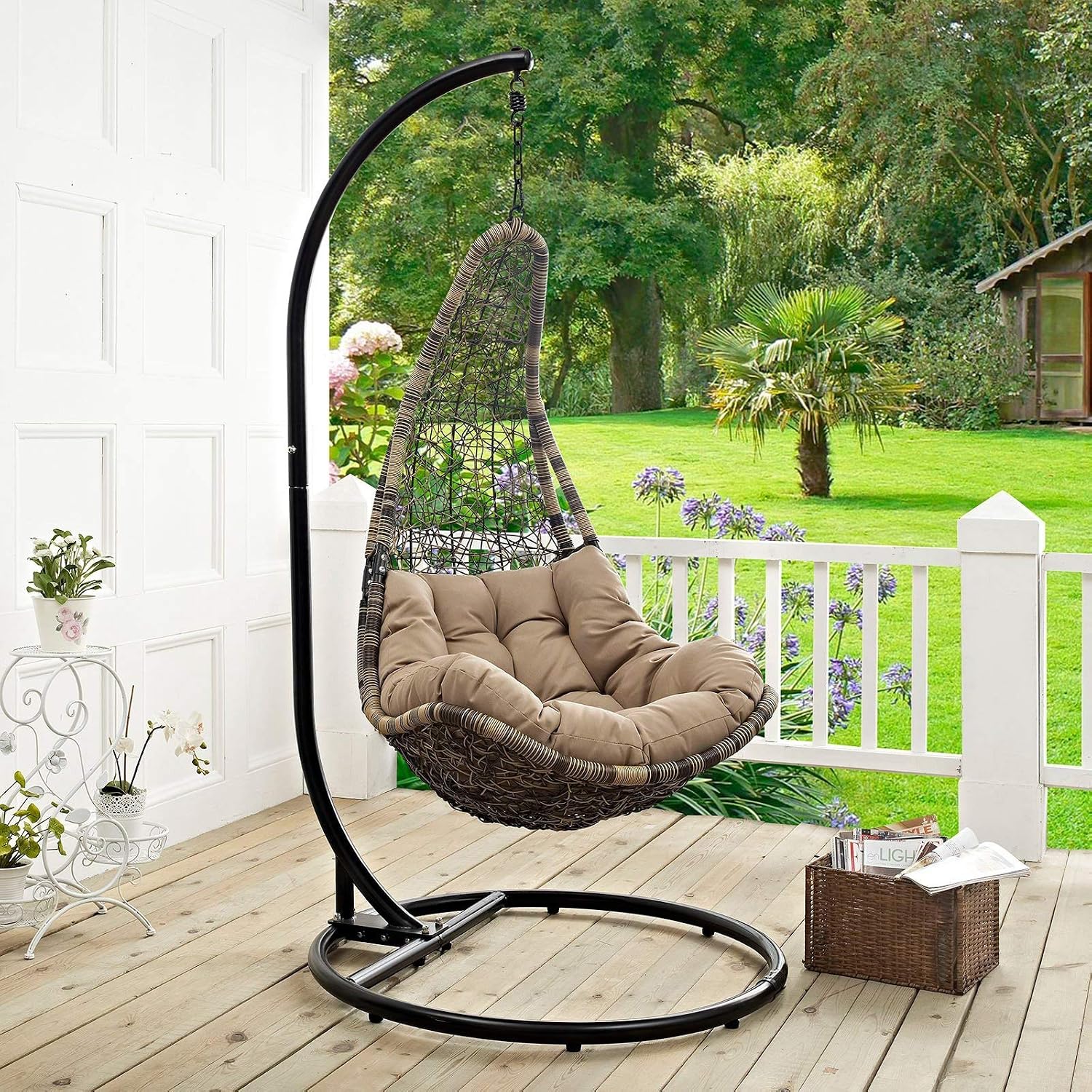Modway Abate Wicker Rattan Outdoor Patio Porch Lounge Swing Chair Set with Stand in Black Mocha