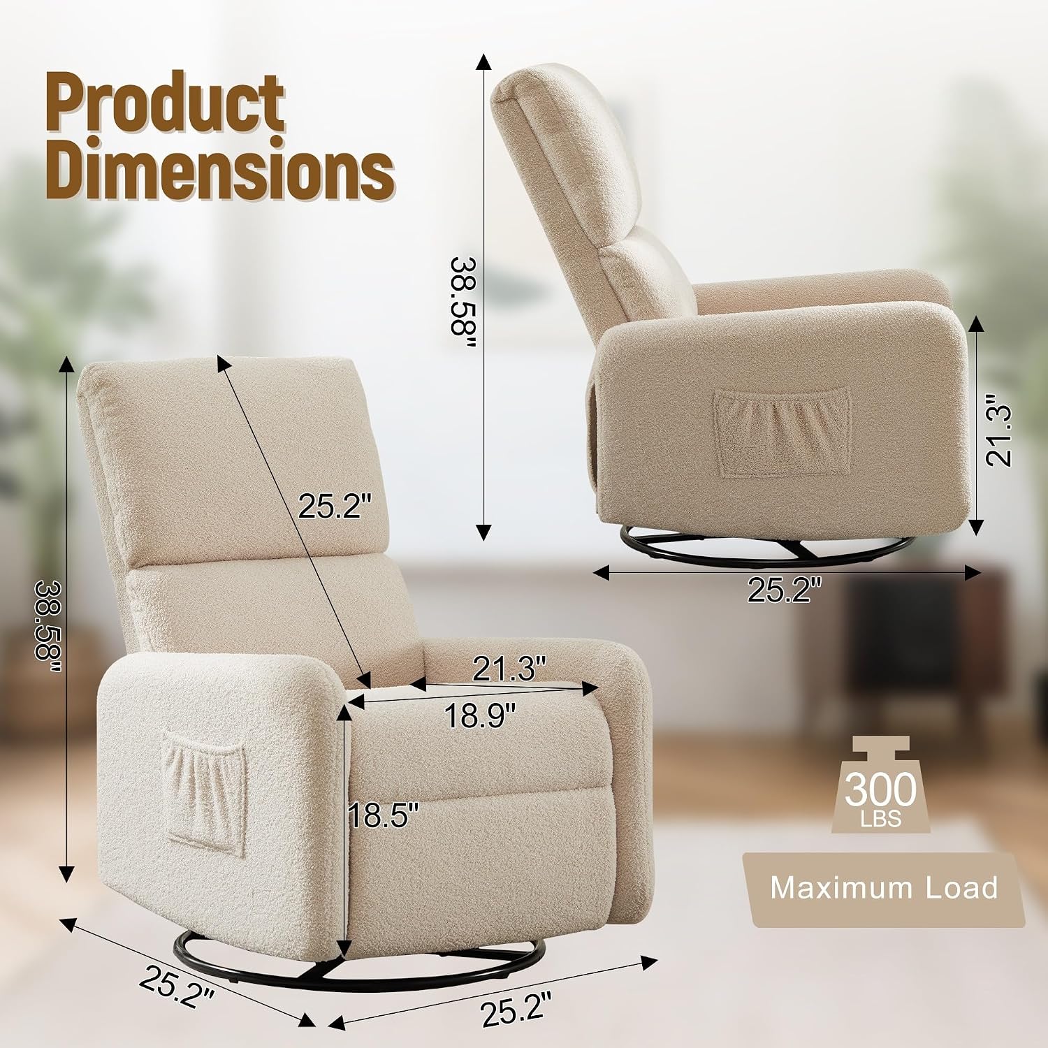 Korser 360° Rocking Chair, Nursery Rocker Chair with Side Pockets, Glider Nursing Chair with Steel Structure Base, Small Chair for Small Spaces, Sherpa Swivel Accent Chairs for Living Room, Nursing