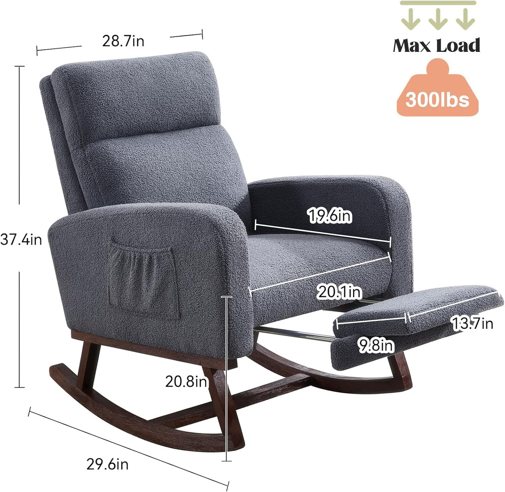 HCHAIRH Rocking Chair Nursery with Foot Rest, Teddy Nursing Rocking Chairs for Mom Breastfeeding, Rocker Glider Chair with High Backrest for Living Room, Bedroom, Blue Grey
