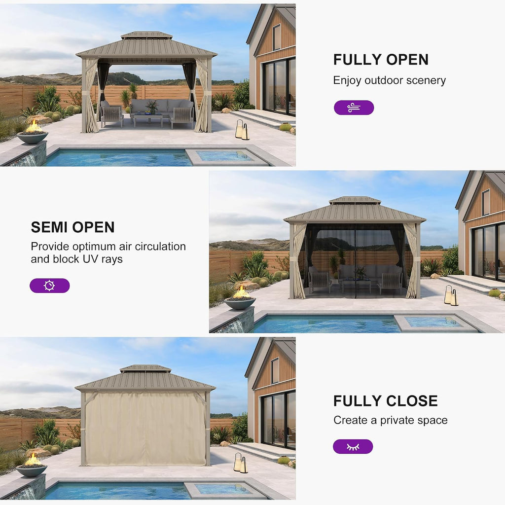 PURPLE LEAF 10' x 12' Outdoor Hardtop Gazebo with 7 Pieces Outdoor Dining Set, Champagne Aluminum Gazebo with Galvanized Steel Double Roof, Curtains and Netting for Patio Lawn and Garden
