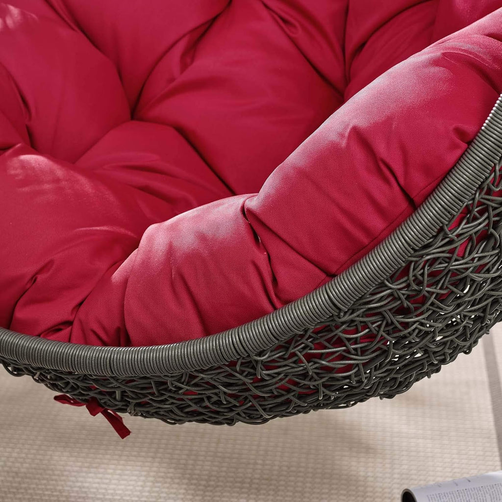 Modway Hide Wicker Rattan Outdoor Patio Porch Lounge Egg Swing Chair Set with Stand in Gray Red