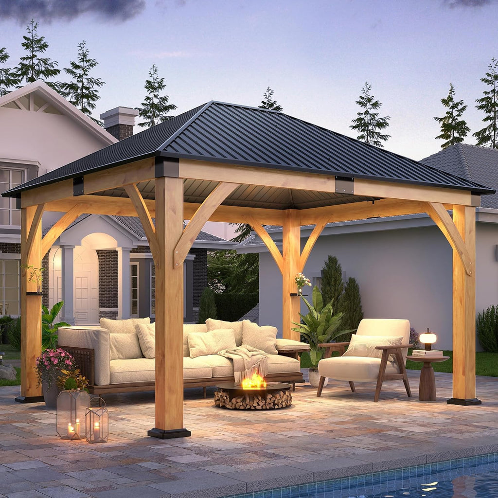 COVERONICS 11' x 13' Wooden Gazebo with Galvanized Steel Roof, Outdoor Spruce Wood Patio Gazebo, Heavy-Duty Hardtop Gazebo for Garden, Poolside, Deck & Backyard
