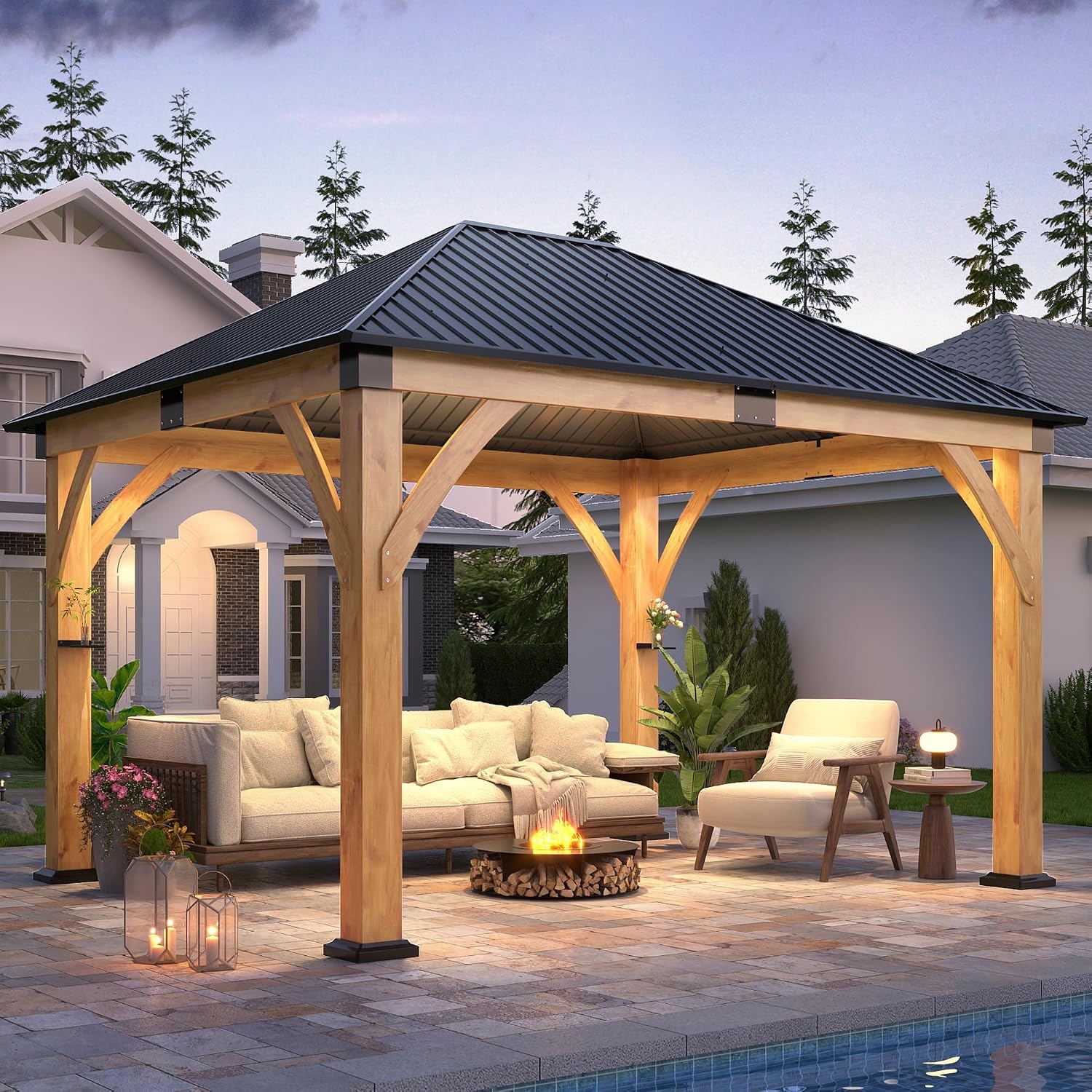 COVERONICS 11' x 13' Wooden Gazebo with Galvanized Steel Roof, Outdoor Spruce Wood Patio Gazebo, Heavy-Duty Hardtop Gazebo for Garden, Poolside, Deck & Backyard