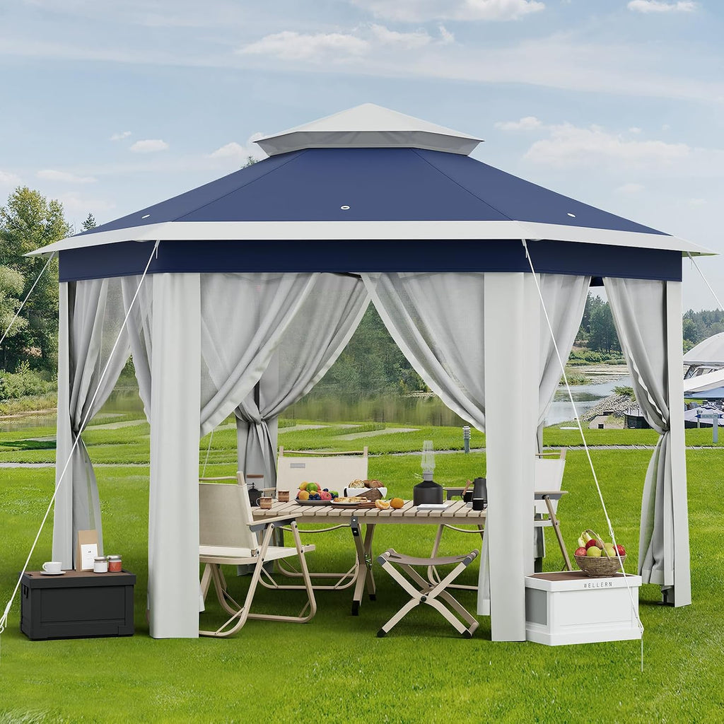 13'x13' Pop Up Gazebo with Mosquito Netting, Canopy Tent with Portable Carry Bag, Outdoor Gazebo for Backyard & Patio Furniture, Double-Layer Outdoor Pergola for Lawn, Garden, Blue