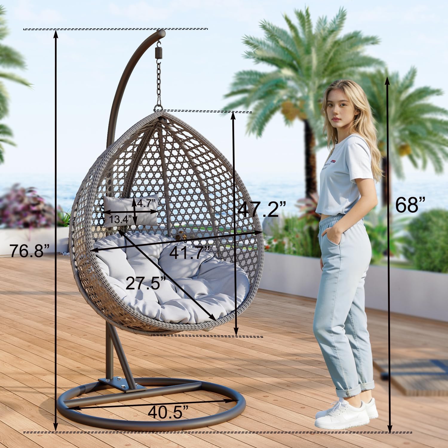 Egg Swing Chair Outdoor with Stand, Hanging Egg Rattan Basket Chair with Cushion and Pillow, Lounge Chairs for Backyard Sunroom Patio Balcony Bedroom (Grey)