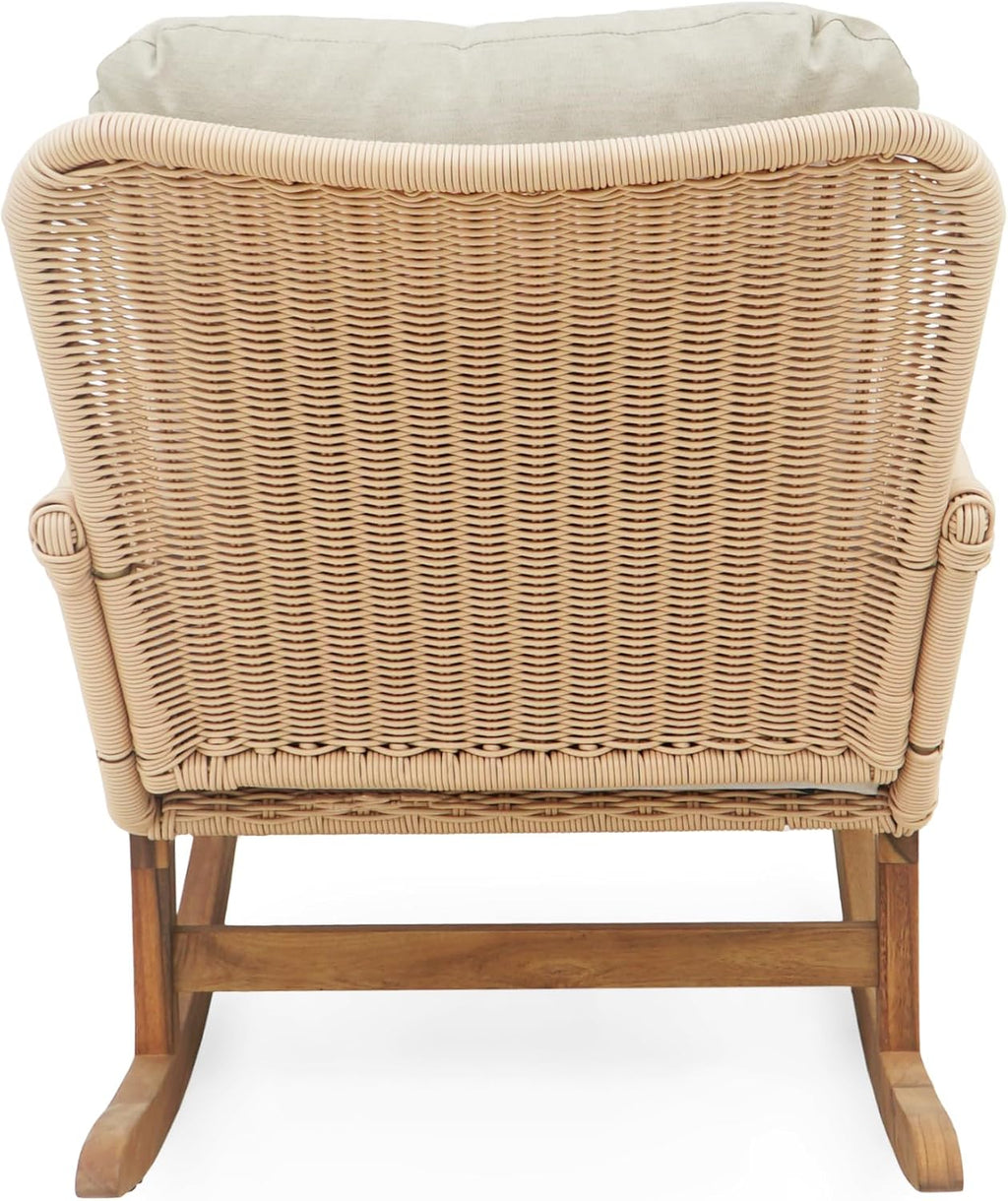 Christopher Knight Home Nadine Patio Rocking Chair, Wicker Rocker, Wood Leg Rocking Chair, PE Rattan Wicker Chair, Rocking Chair with Cushions, Comfort Wicker Rocker for Backyard Balcony Porch, Beige